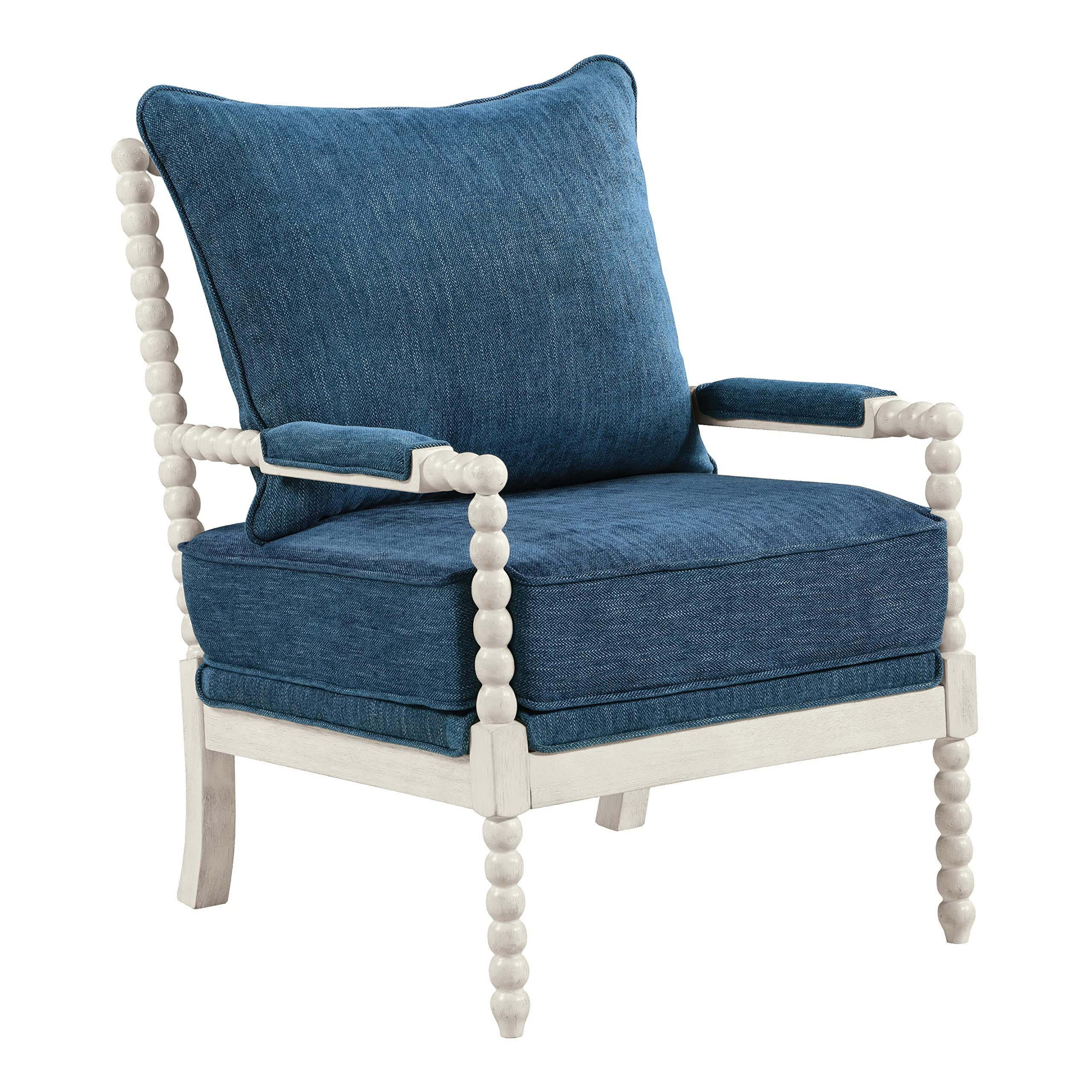 OSP Home Furnishings Kaylee Spindle Accent Chair with Antique White Wood Frame, Navy Blue Fabric
