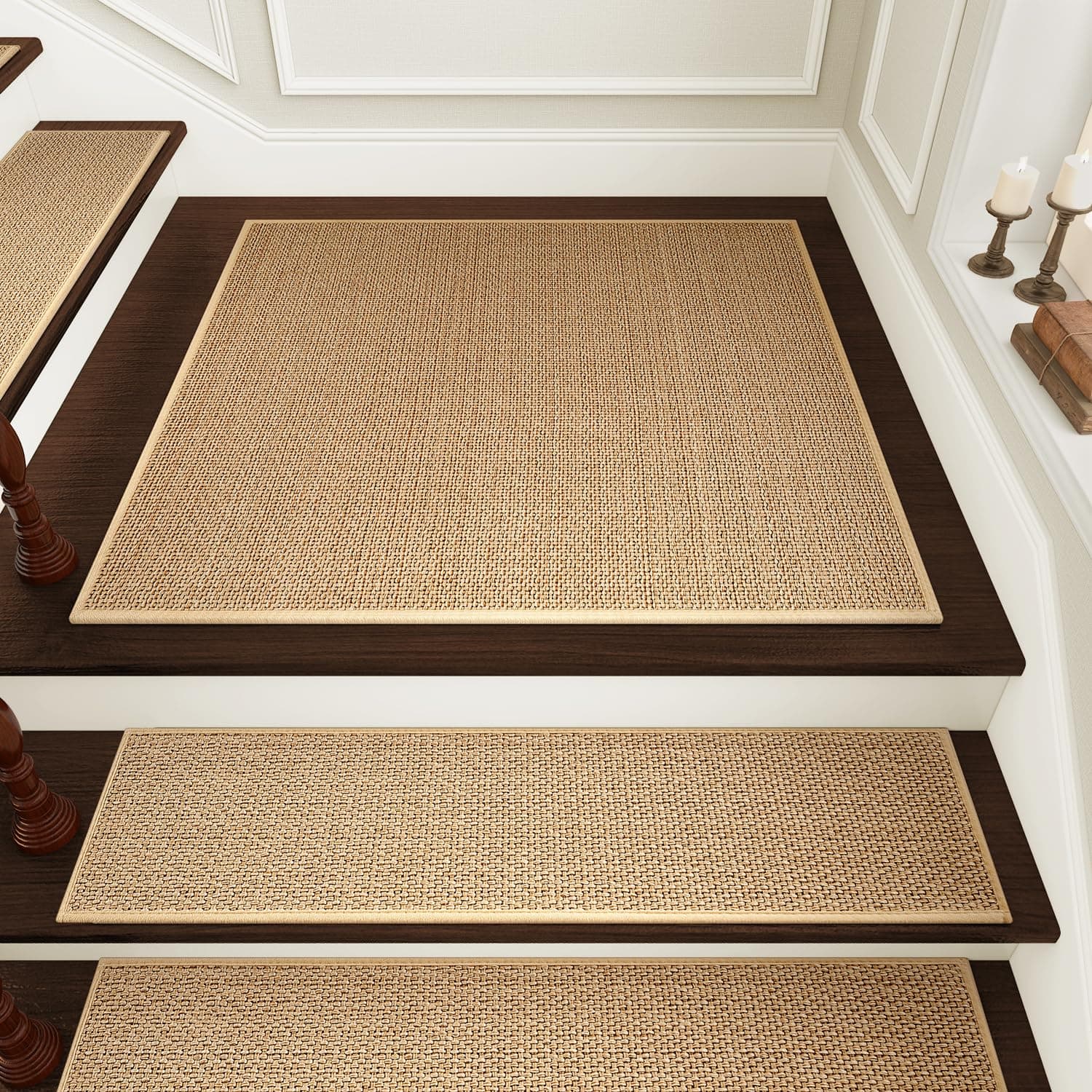 PADOOR Stair Treads Non Slip Indoor Stair Tread Matching-Mat, Square Stair Treads for Wooden Steps, Machine Washable Stair Carpet Landing Mat for Kids and Pets, Beige, 31x31