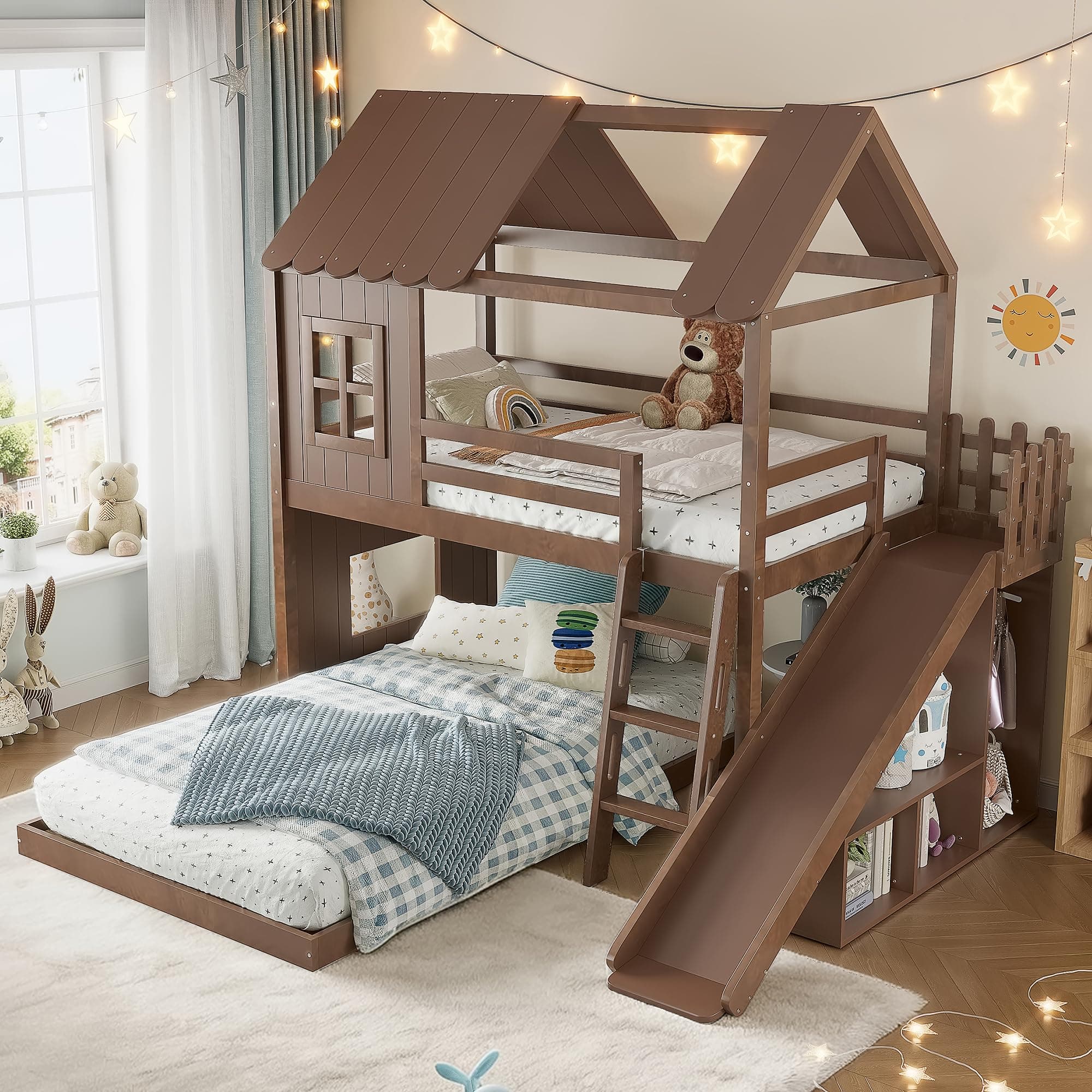 Harper & Bright Designs Playhouse Style Twin Over Full Bunk Bed – Includes Slide, Ladder, Storage Shelves & Wardrobe, Wooden House Bunk Bed with Roof and Window, Can be Decorated (Antique Natural)
