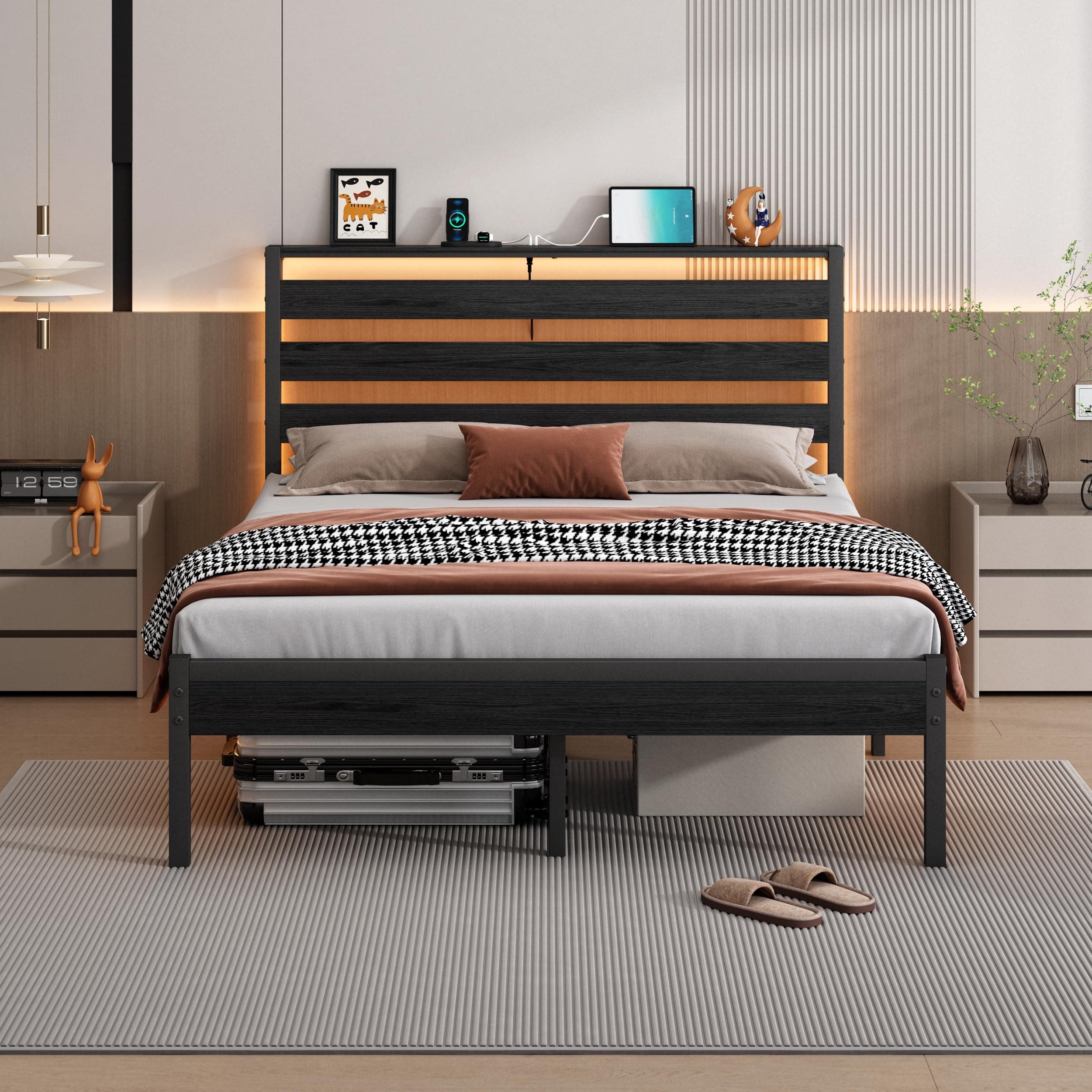 CLIBFENG Classic Metal Platform Bed Frame-Full Size Bed Frame with Headboard,Steel Slats Support-LED Bed Frame with USB Charging Station,Under Bed Storage, No Box Spring Needed, Noise Free