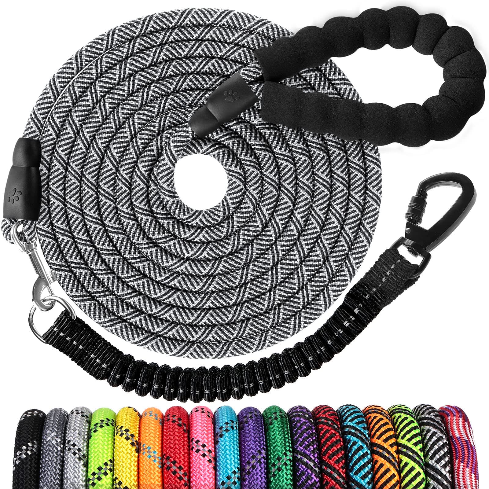 Long Dog Leash 15 FT: Heavy Duty Rope Leashes for Dogs Training with Swivel Lockable Hook Reflective Threads Bungee and Padded Handle - Dog Lead for Large Small Medium Dogs Outside Walking Hiking Grey