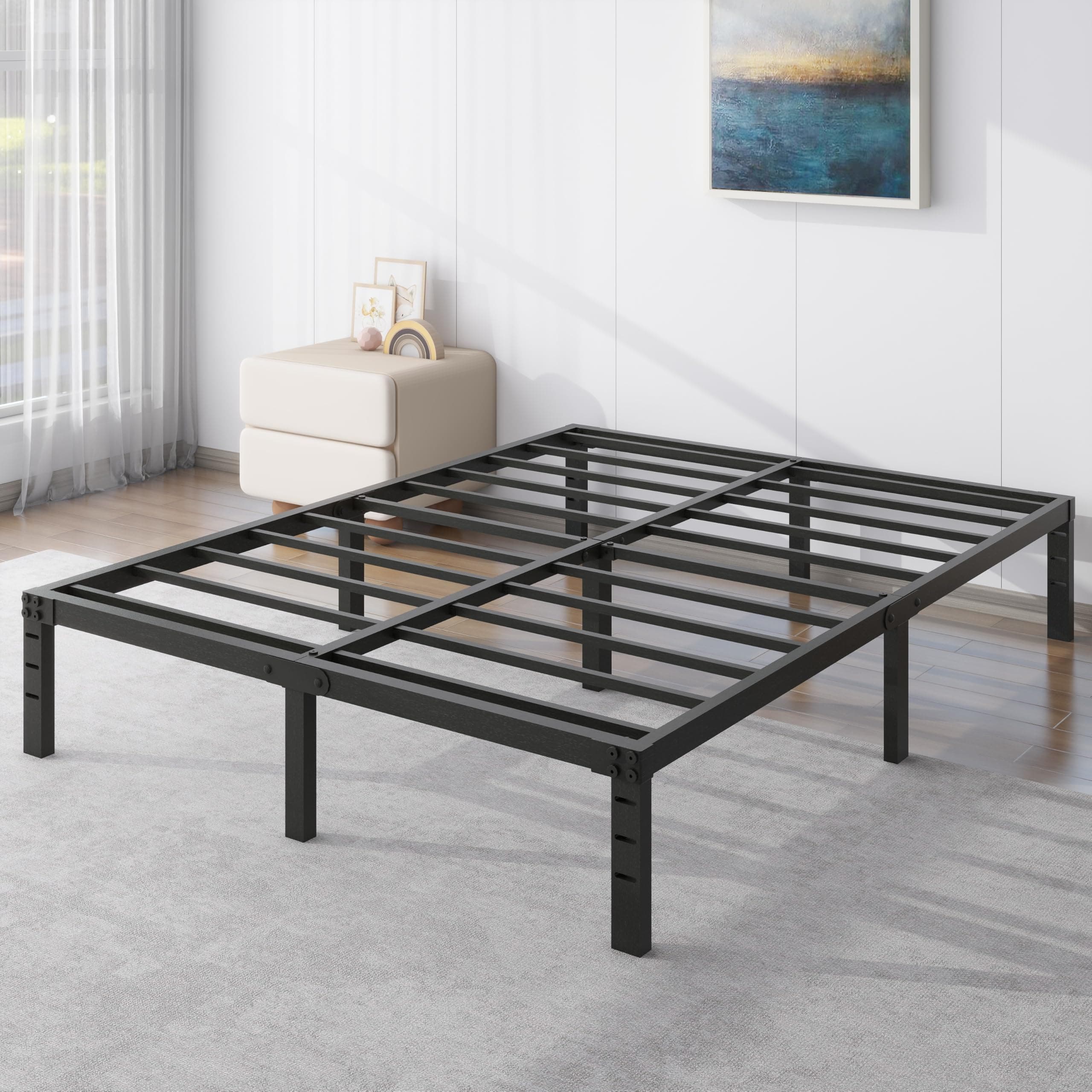 14 Inch Metal Platform Bed Frame No Box Spring Needed Heavy Duty Steel Slat Bed Frame Underbed Storage,Black (Full)