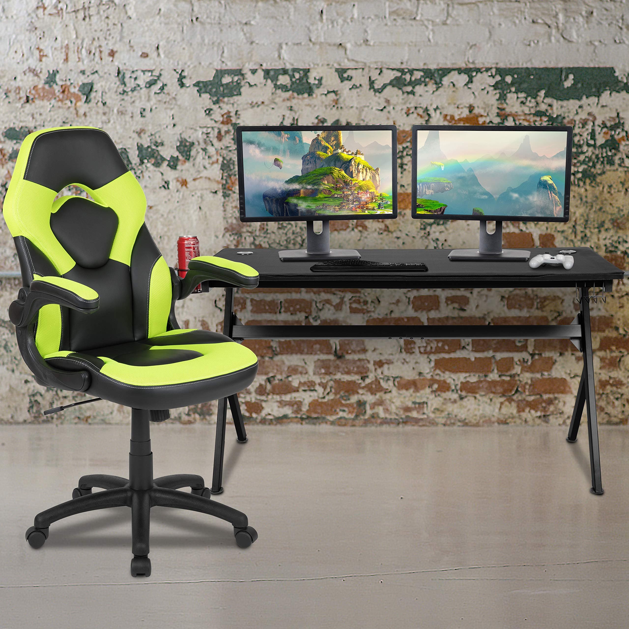 Flash Furniture Gaming Desk and Green/Black Racing Chair Set/Cup Holder/Headphone Hook/Removable Mouse Pad Top - 2 Wire Management Holes