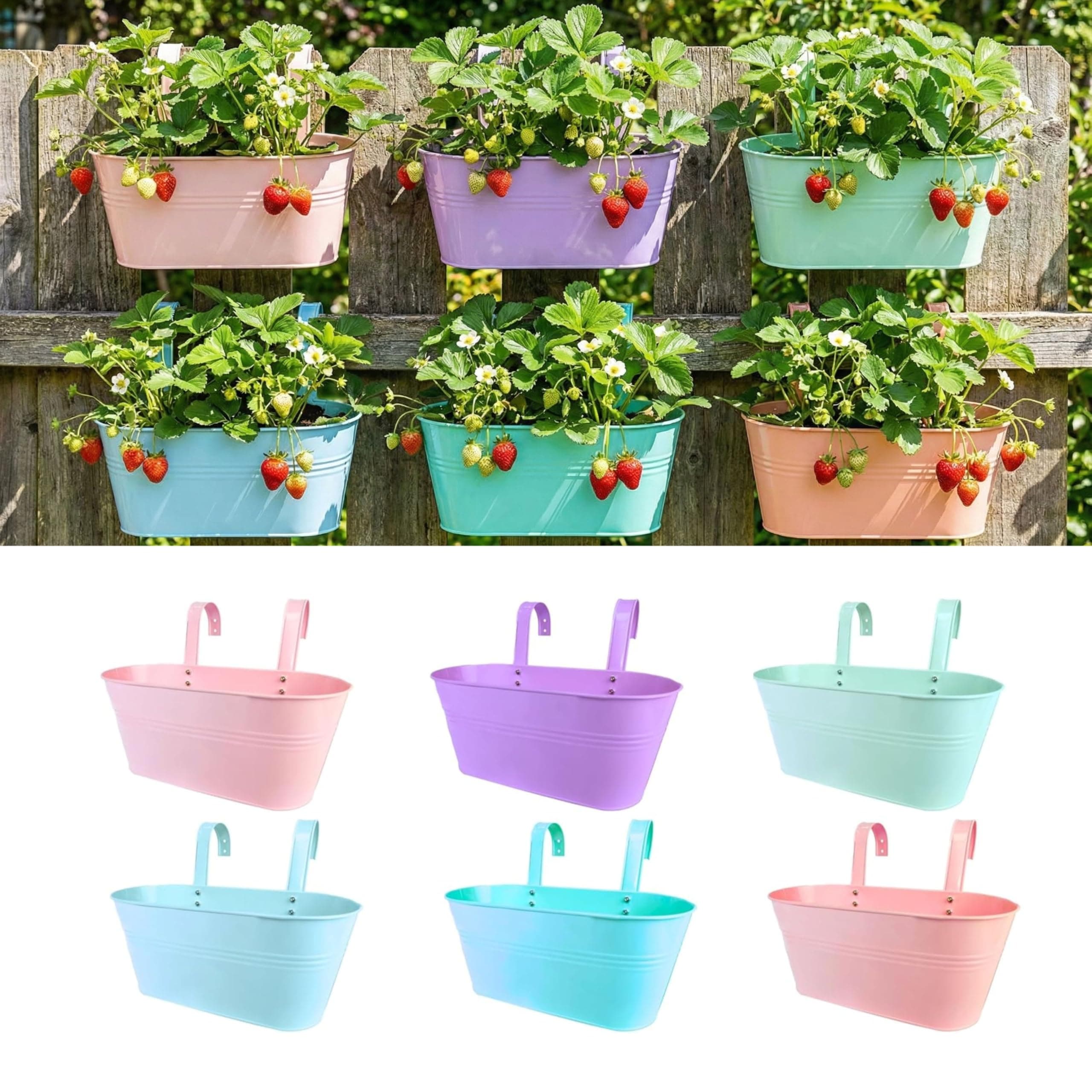 LaLaGreen Outdoor Hanging Planter (11.2 Inch, 6 Pack) Light Pink, Light Purple, Turquoise, Light Blue, Peachy Pink, Cadet Blue Metal Iron Window Flower Pot Deck Railing Balcony Fence Rail Garden Decor