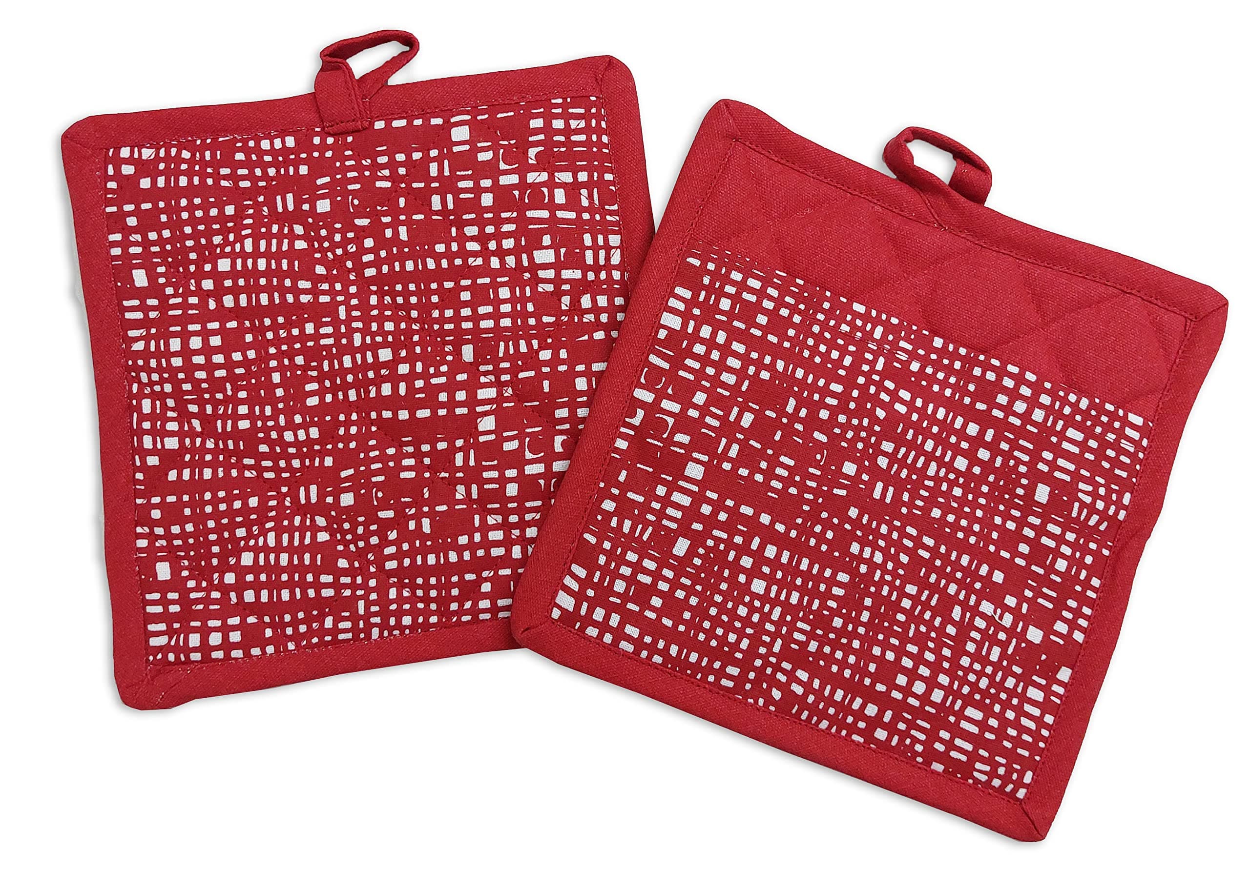 Pot Holder with Pocket - Nest Red, 100% Cotton Pot Holder with Polyester Fill, Size 8x8 Inch, Heat Resistant for Cooking, Baking, Grilling, Microwave BBQ. Set of 2 Kitchen Pot Holders