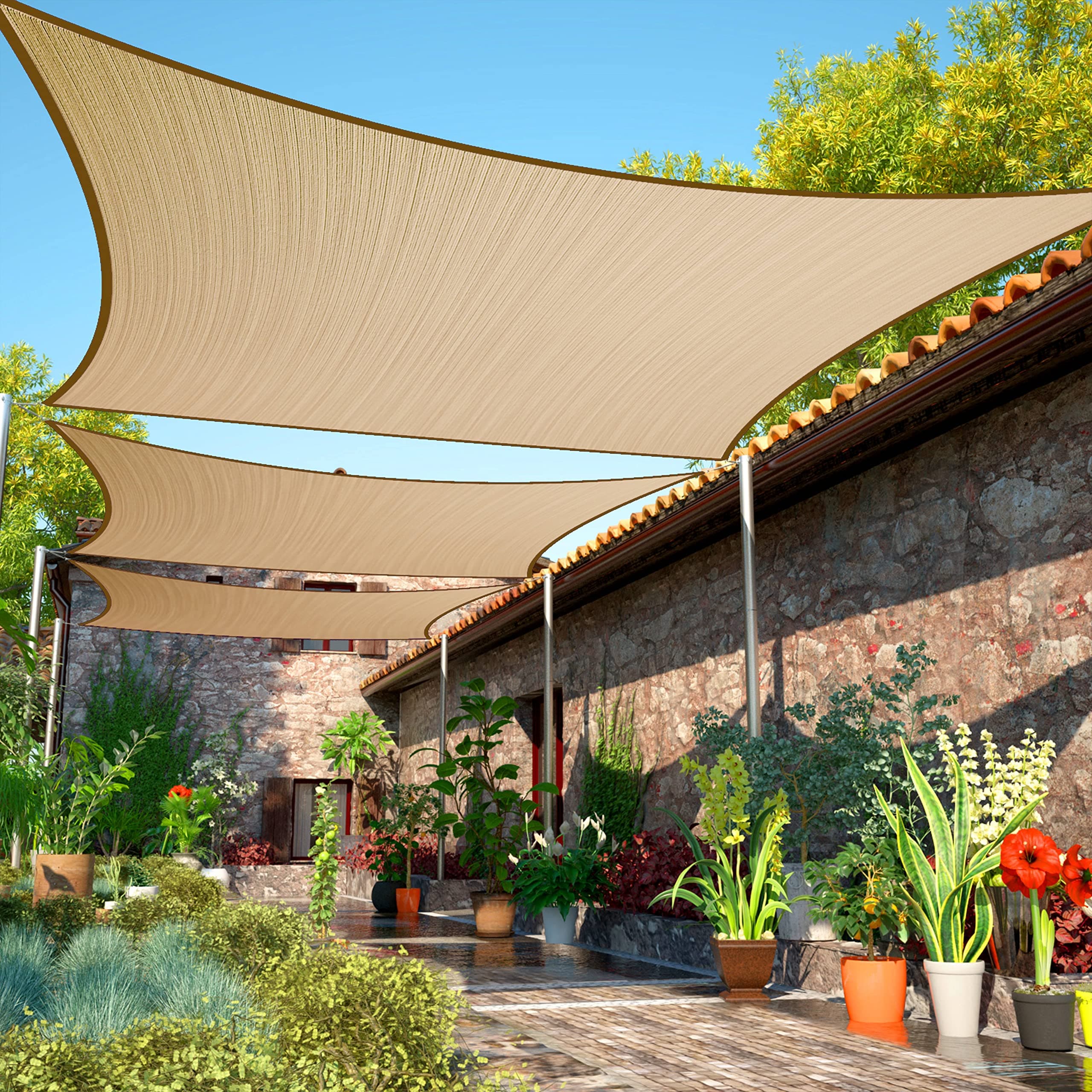 ShadeMart 8' x 14' Sand Sun Shade Sail Rectangle Canopy Fabric Cloth Screen smTAPR1416, Water and Air Permeable & UV Resistant, Heavy Duty, Carport Patio Outdoor - (We Customize Size)