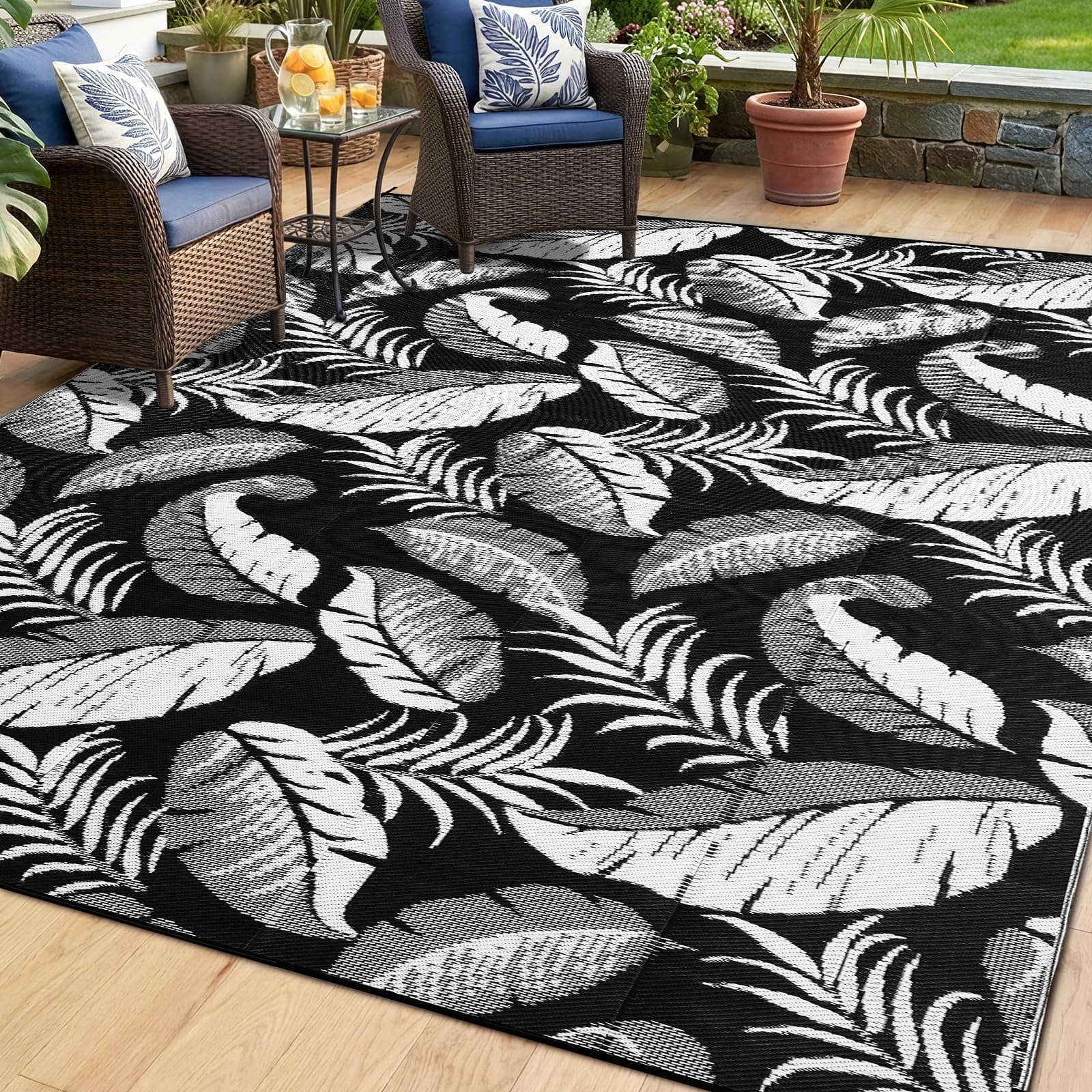 OPPODREAM Reversible Outdoor Rug 8x10, Waterproof Outdoor Plastic Straw Rug for Patio, Tropical Leaf Spring Camping Rugs for Outside, Deck, Backyard, Camping, Balcony, Porch, Rv, Black and White