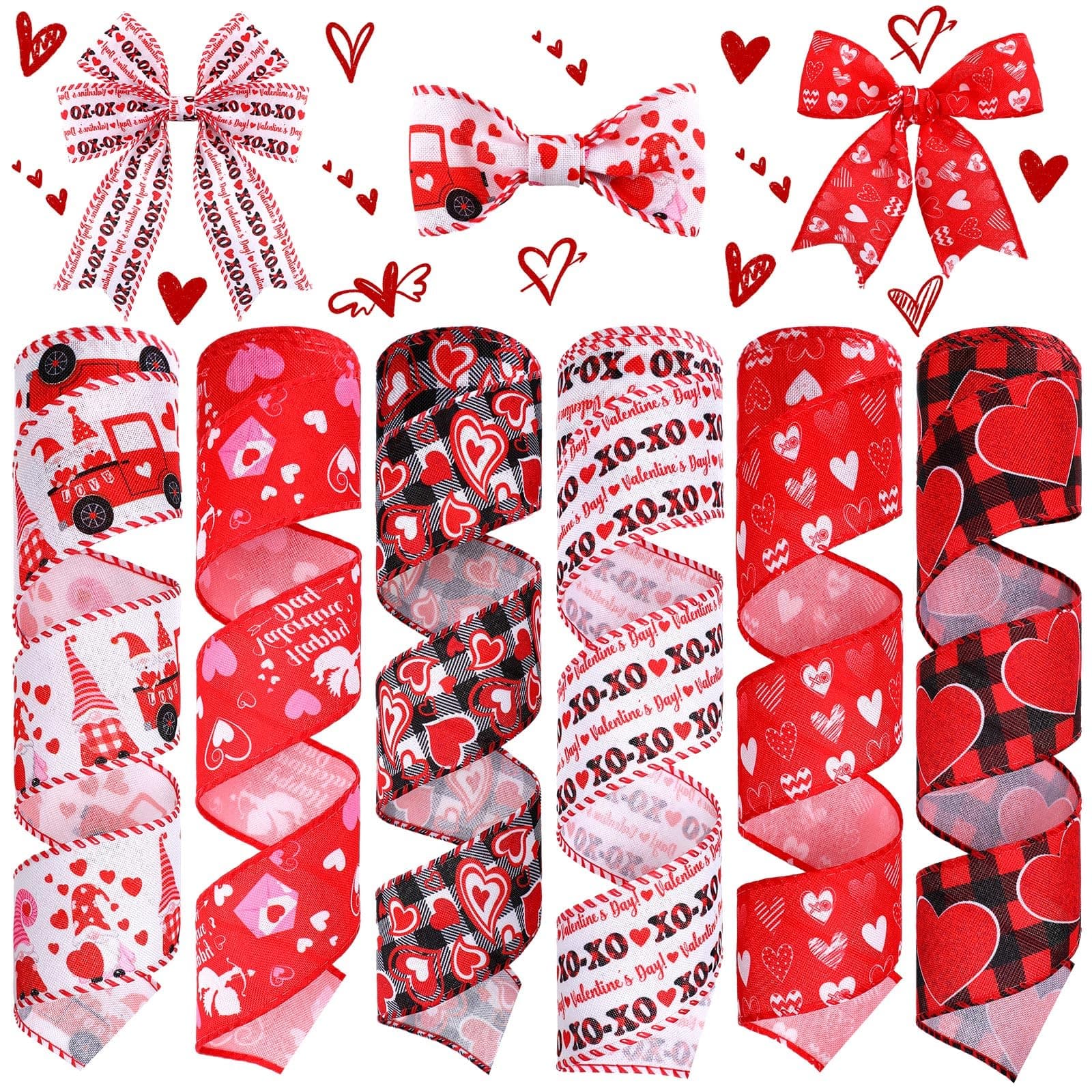 Wavyknot 6 Rolls 30 Yards Valentine's Day Wired Edge Ribbon Red Heart Gnome Truck Patterned Ribbon Rustic Craft Wrapping Ribbon for Valentine's Day Wedding Anniversary Birthday Wreath Floral Bows