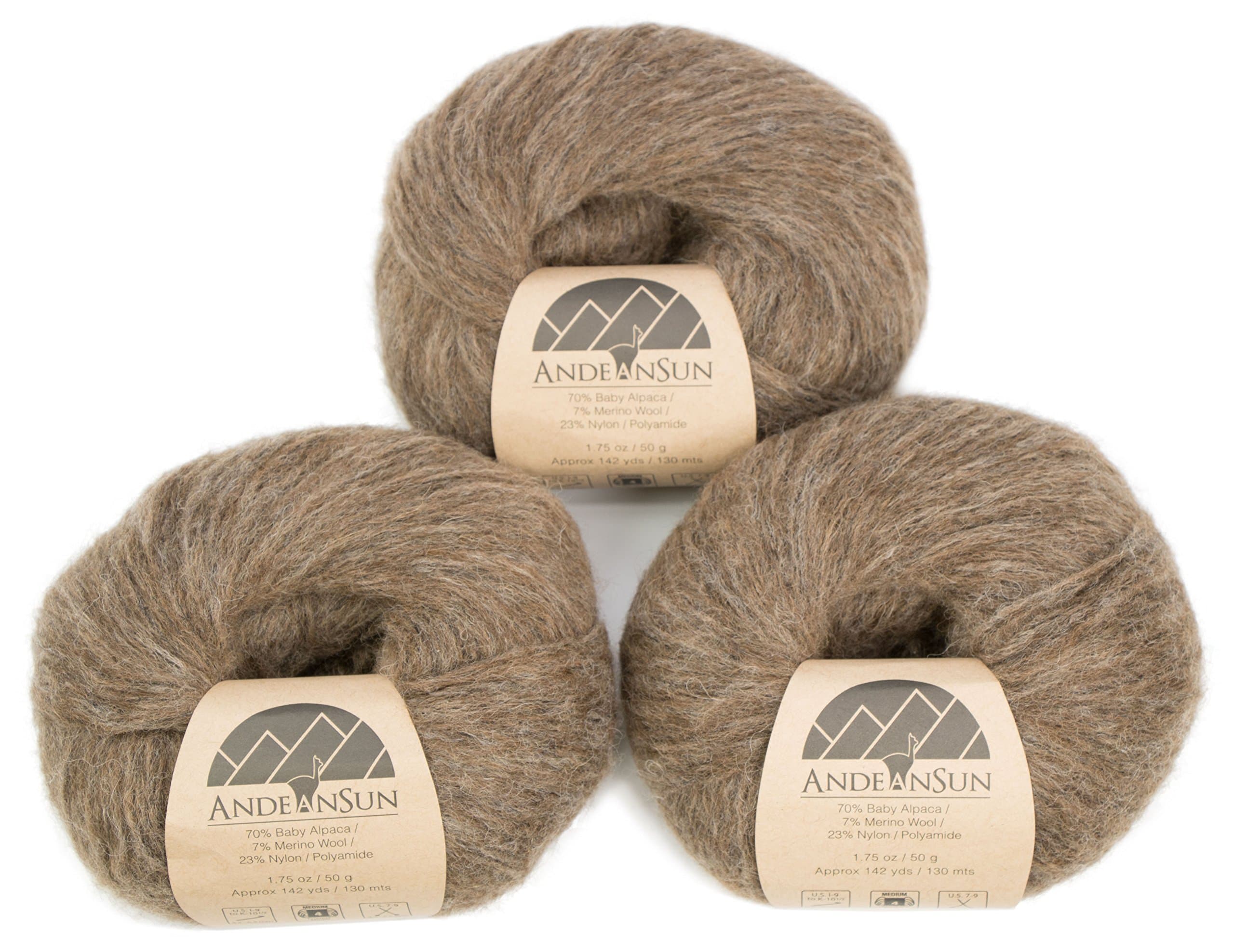 (Set of 3) Baby Alpaca Merino Wool Yarn [426 Yards Total] Heather Brown, #4 Worsted