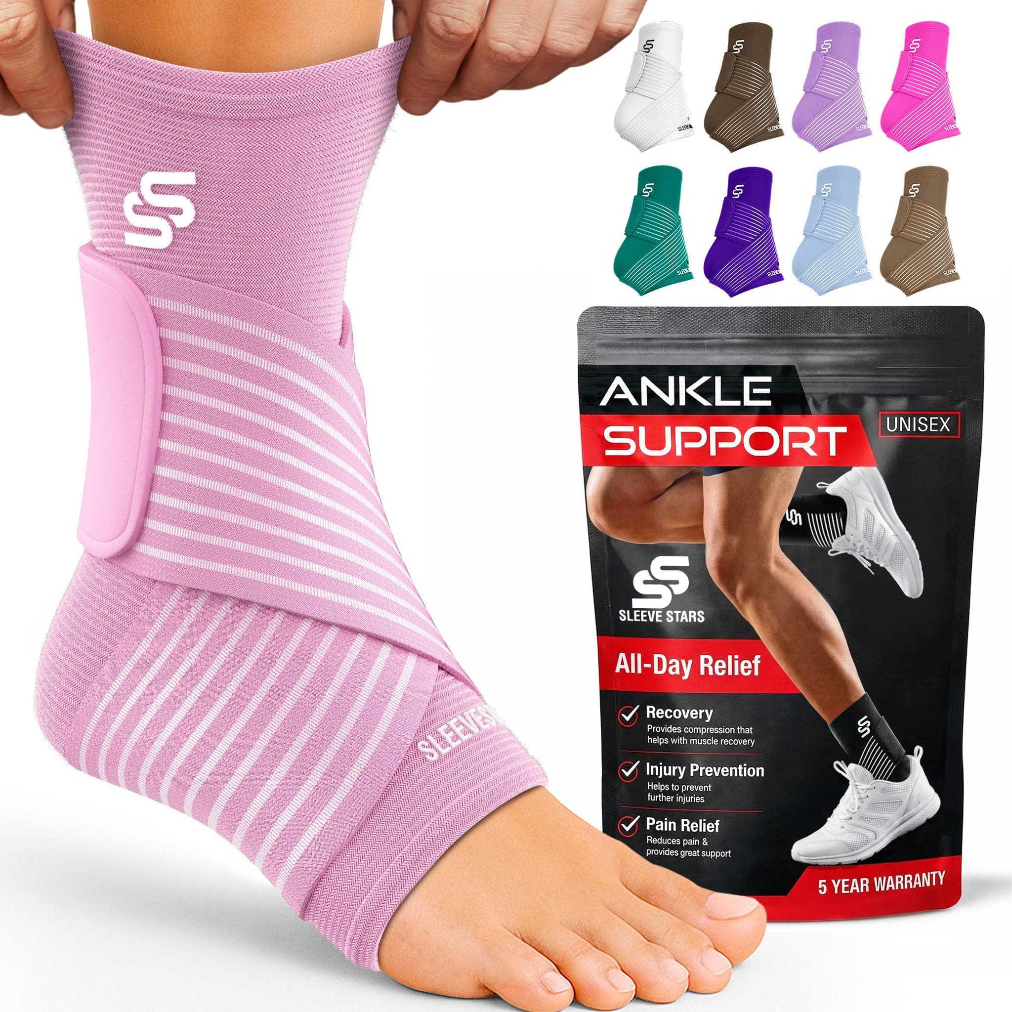 Sleeve Stars Ankle Brace for Women & Men, Ankle Wrap for Sprained Ankle, Compression Sleeve for Plantar Fasciitis Relief, Easy Customizable Support: w/Removable Strap (Single/L:12"-13"/Baby Pink)