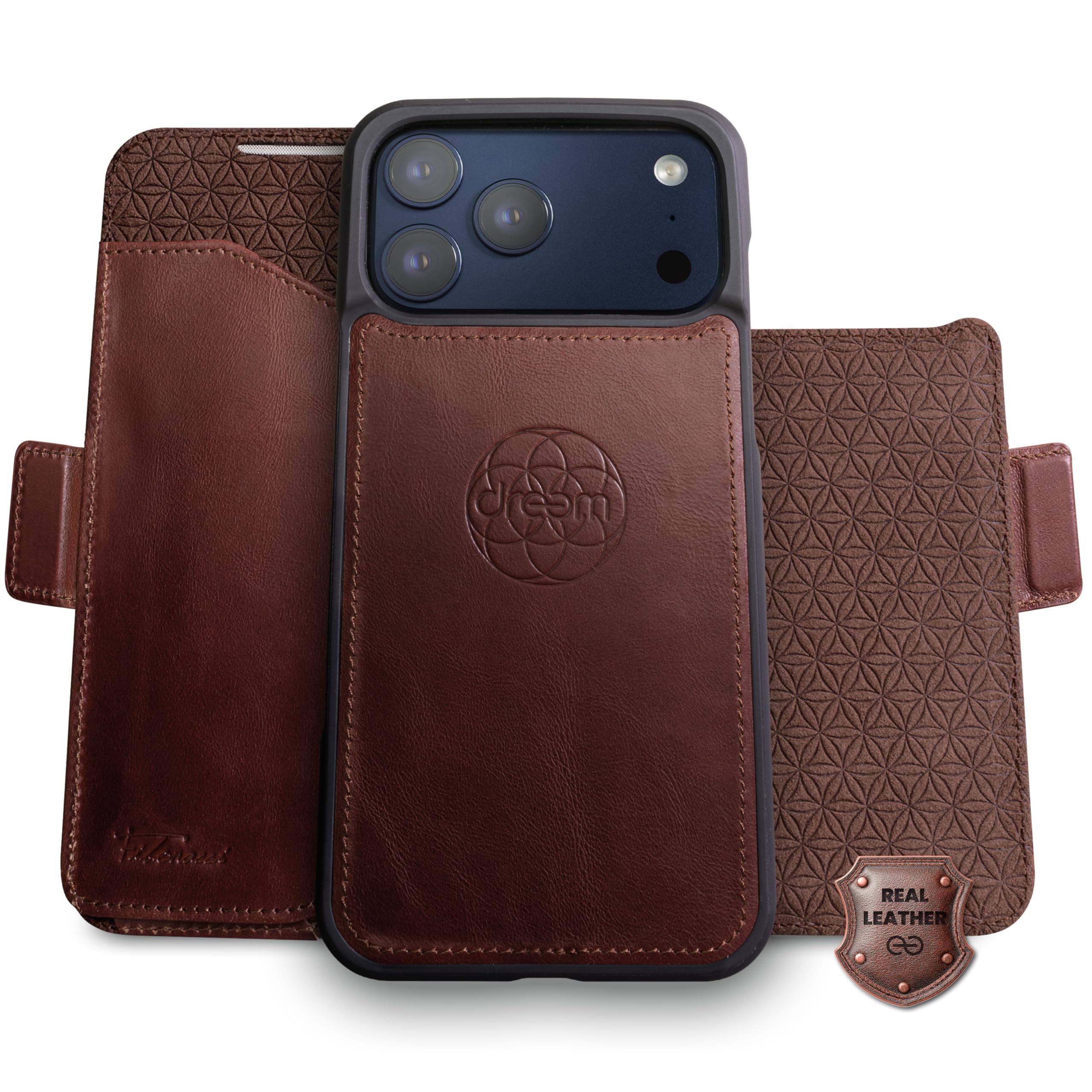 Dreem Real Leather Magnetic Detachable Wallet Case for iPhone 17 Pro Max