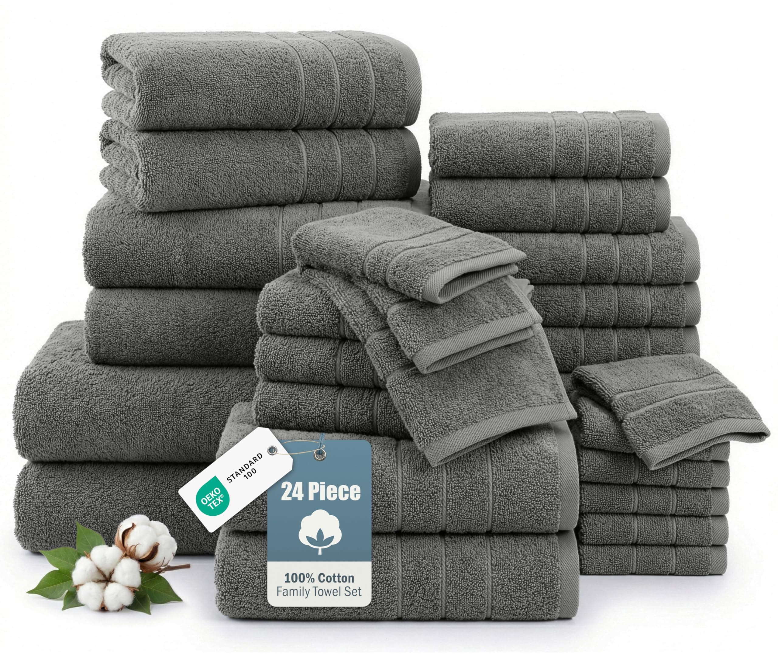 100% Cotton Bath Towels Set of 24 – 2 Bath Sheets, 2 Large Bath Towel, 2 Gym Towels, 4 Fingertip, 6 Hand, 8 Washcloths, Soft & Quick Dry, Premium Hotel Quality Comfort, Easy To Wash – Ultimate Grey