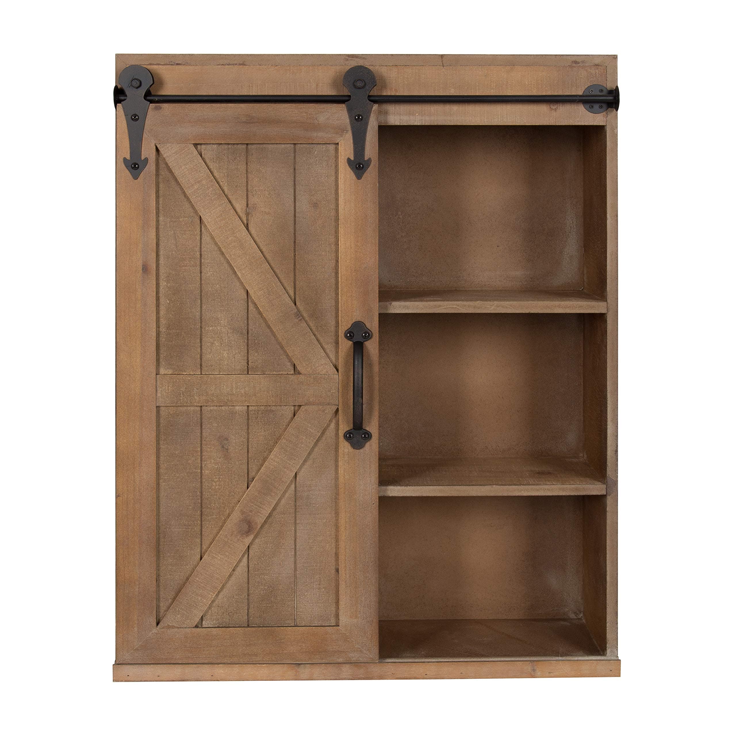 Kate and Laurel Cates Wood Wall Storage Cabinet with Sliding Barn Door; 22 x 9 x 28; Rustic Brown; Decorative Farmhouse Over the Toilet Cabinet with Three Shelves for Bathroom or Kitchen Storage