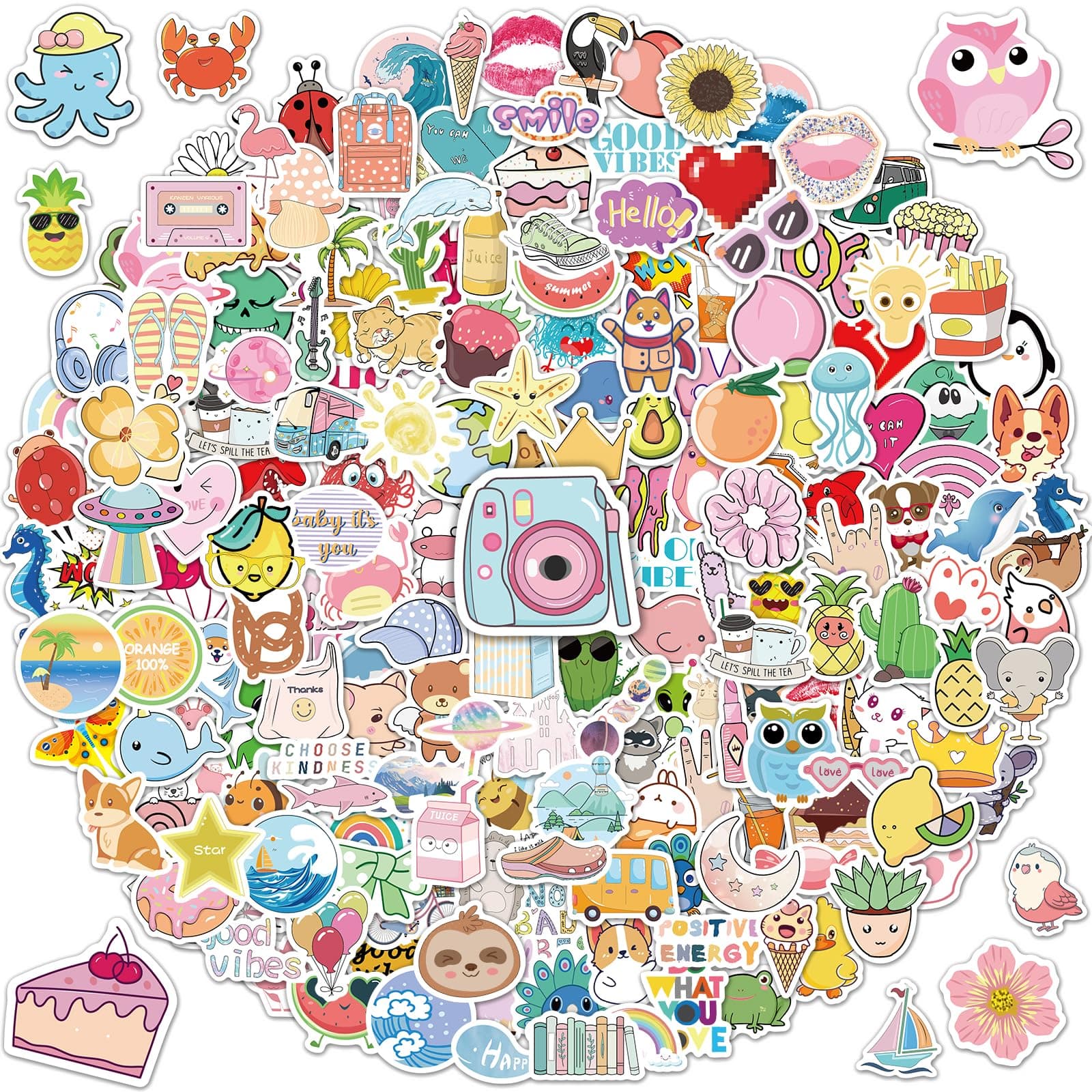 Water Bottle Stickers, 200 PCS Waterproof Stickers Cute Aesthetic Vinyl Decals for Laptop, Phones, Luggage, Skateboards, Mixed Fun Stickers for Adults