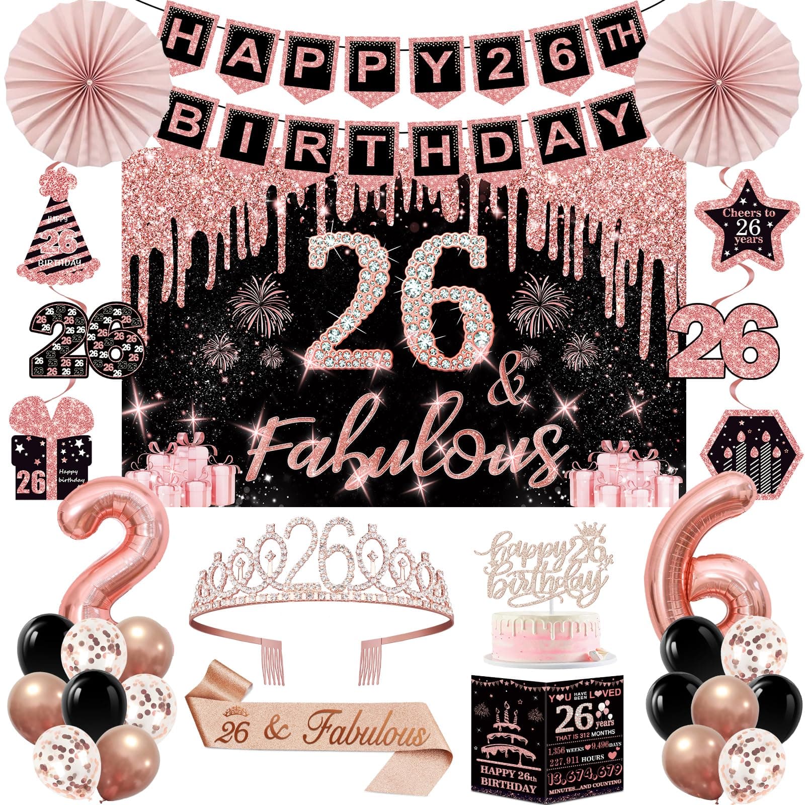 26th Birthday Decorations for Her Women, 32PCS 26th Birthday Party Decor