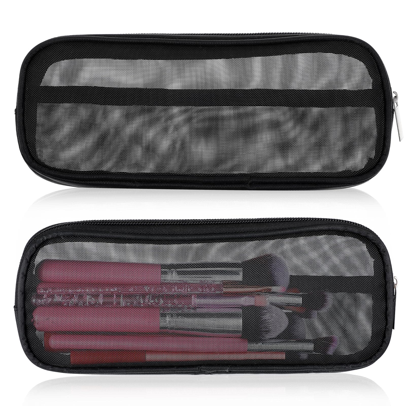 Alrhso 2 Pcs Mesh Makeup Brush Bag Small Nylon Mesh Zipper Pouch Bags Portable Brush Holder Travel Toiletry Bags Cosmetics Brushes Organizer Bag for Home Travel (8.6 X 3.9 Inch)