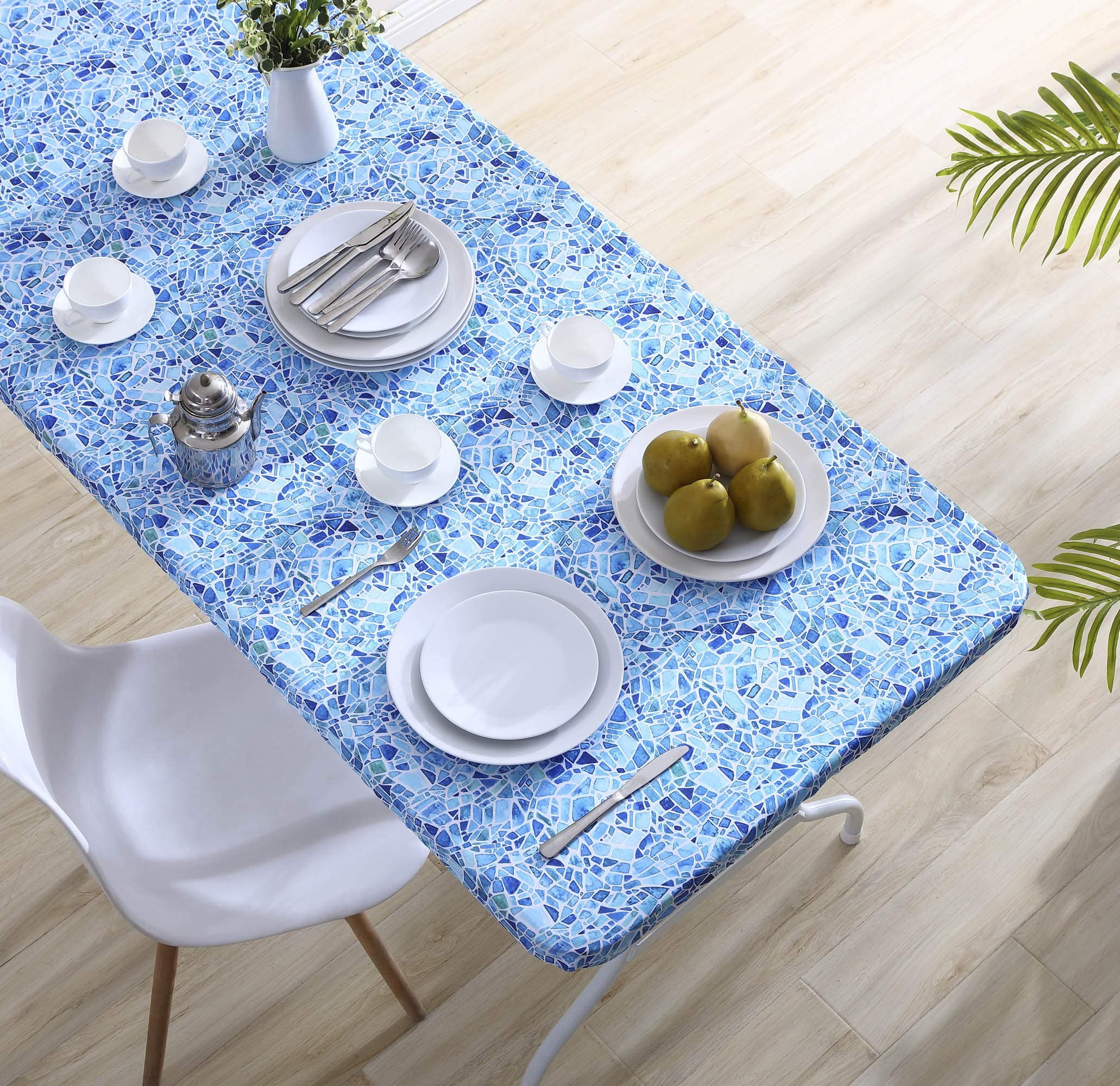 Brielle Easy Care Printed Cotton Fabric Fitted Table Cover, Blue Mosaic, 30"x72"