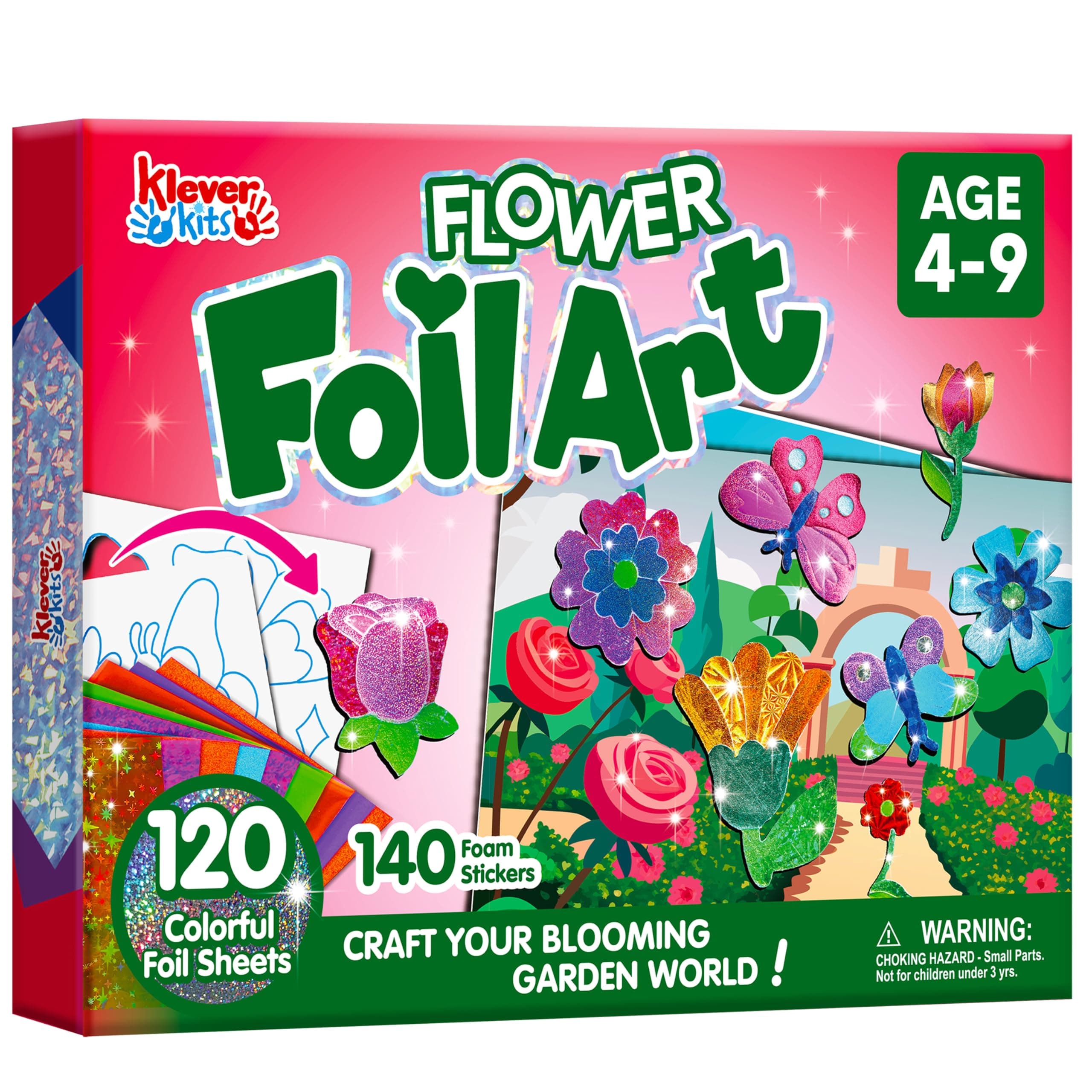 Klever Kits Foil Art Kit for Kids - Arts & Crafts Supplies, Mess Free Coloring, Flowers & Butterflies Foil Foam Stickers, Creative Travel Toys, Birthday Gifts for Boys & Girls Ages 4 and Up