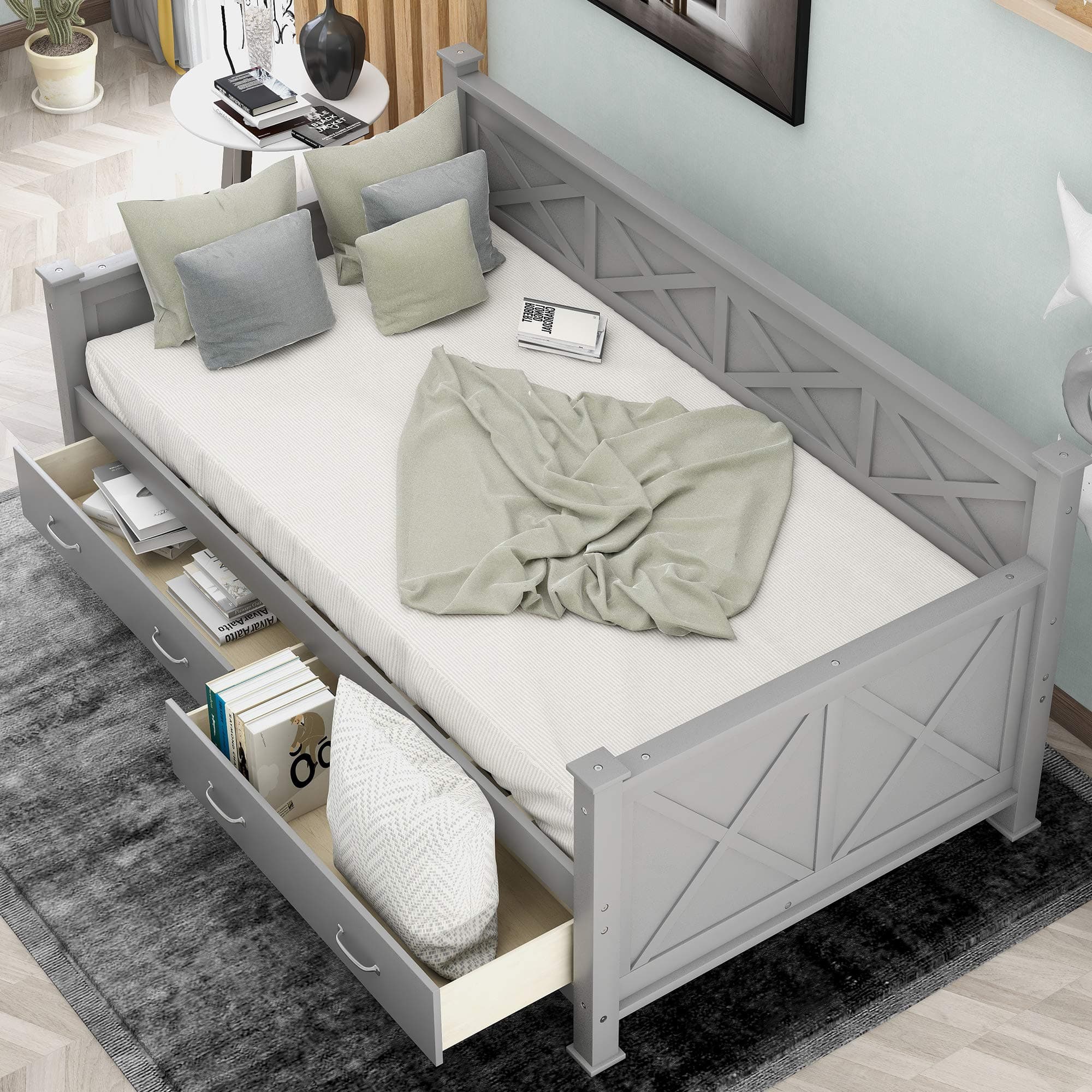 Jintop Twin Size Modern Rustic Casual Style Daybed with 2 Large Drawers,Rustic Casual Style Wooden X Bed Frame,w/Backrest and Armrests,for Dorm,Apartment,Studio,Office,Gray
