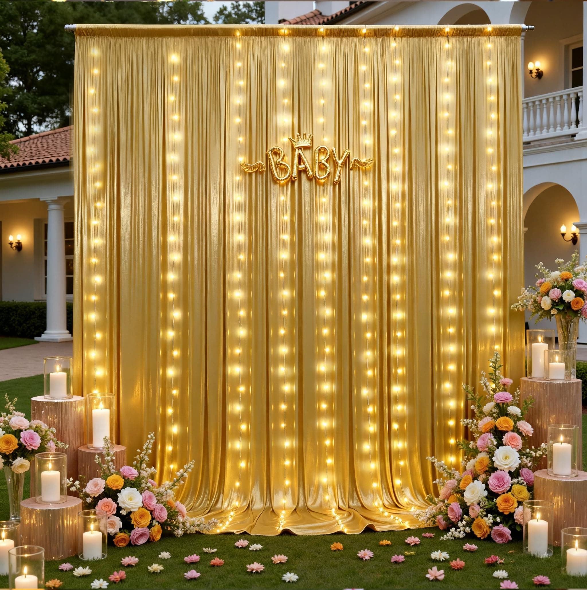 Hanging Bulbs 10x10FT Gold Sequin Backdrop Curtain with 6-Light String – 2 Panels of 5x10FT Wrinkle-Free Glitter Drapes for Weddings, Showers, Birthdays & Photos