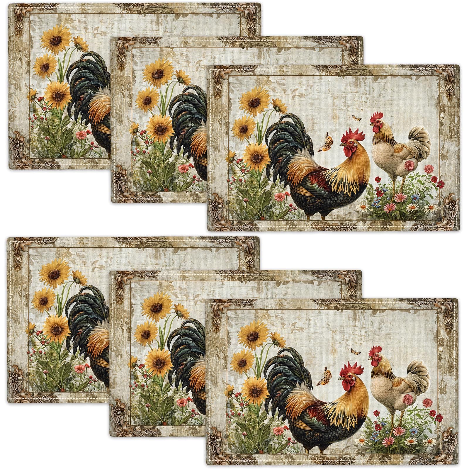 Farmhouse Roosters Placemats Set of 6 Farm Chicken Table Mats Decor Country Place Mats Imitation Linen Heat Resistant Tablecloth for Vintage Dining Decorations Kitchen Party Restaurants 12''x18''