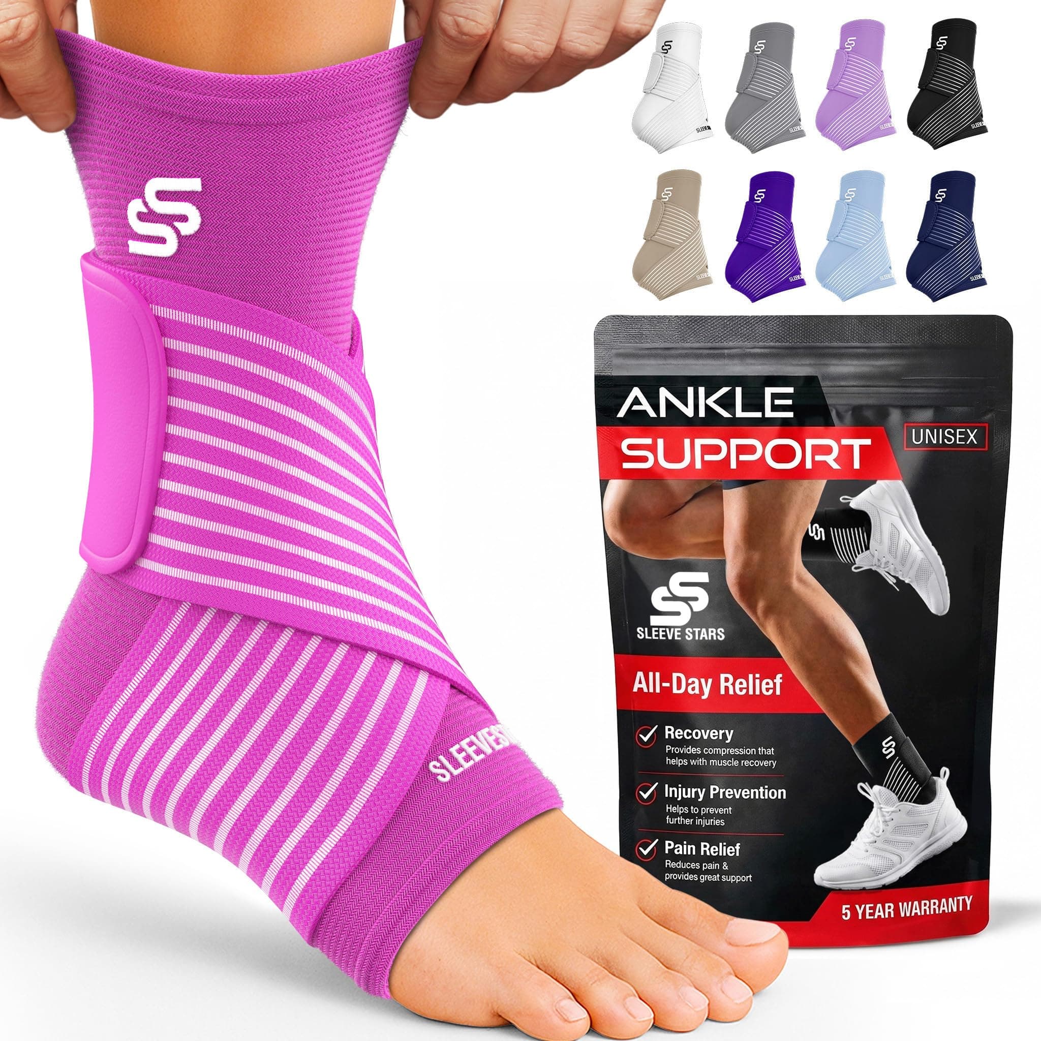 Sleeve Stars Ankle Brace for Women & Men, Ankle Wrap for Sprained Ankle, Compression Sleeve for Plantar Fasciitis Relief, Easy Customizable Support: w/Removable Strap (Single/S:9"-10"/Hot Pink)