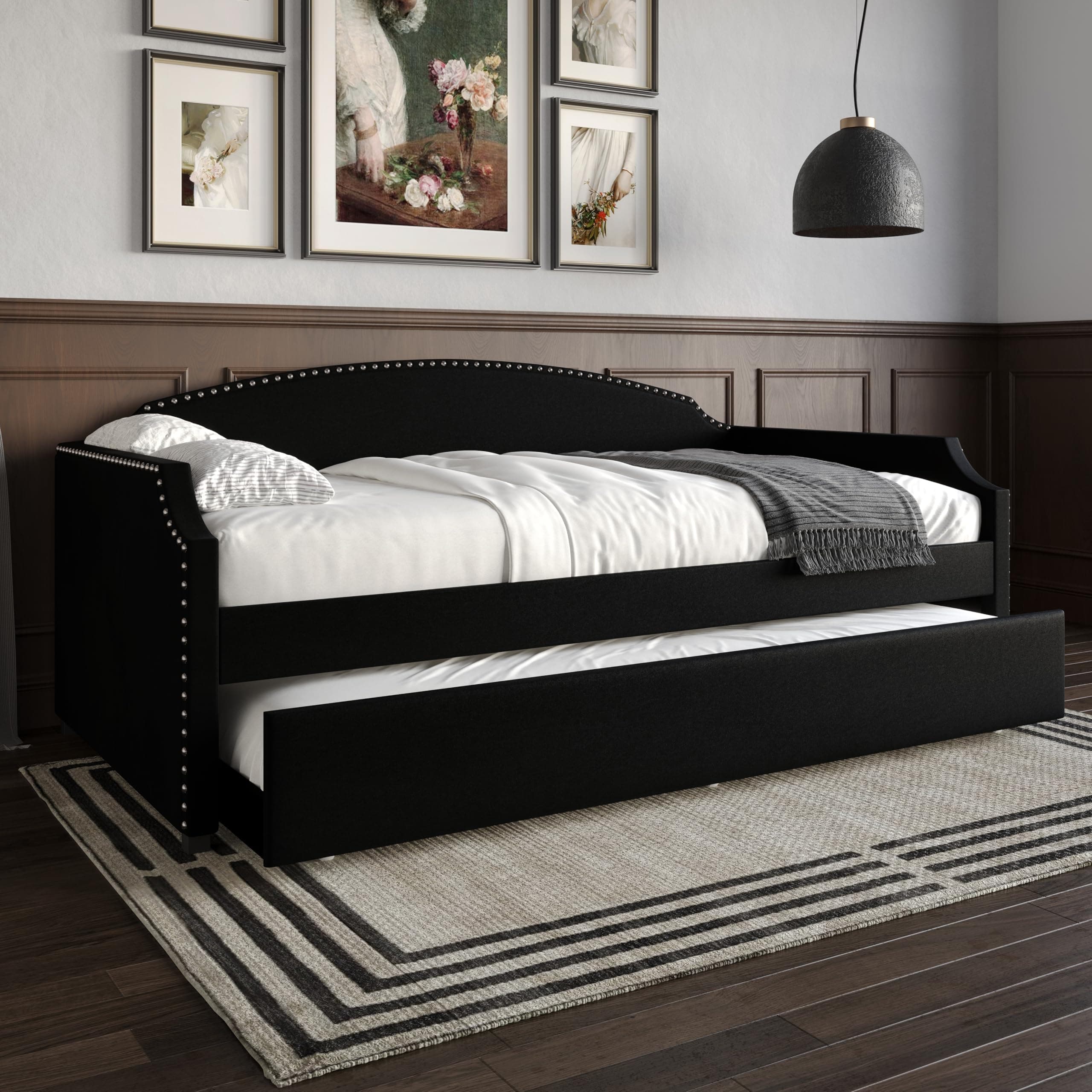 Home Design Kilagore Twin Velvet Nailhead Daybed with Trundle, Black