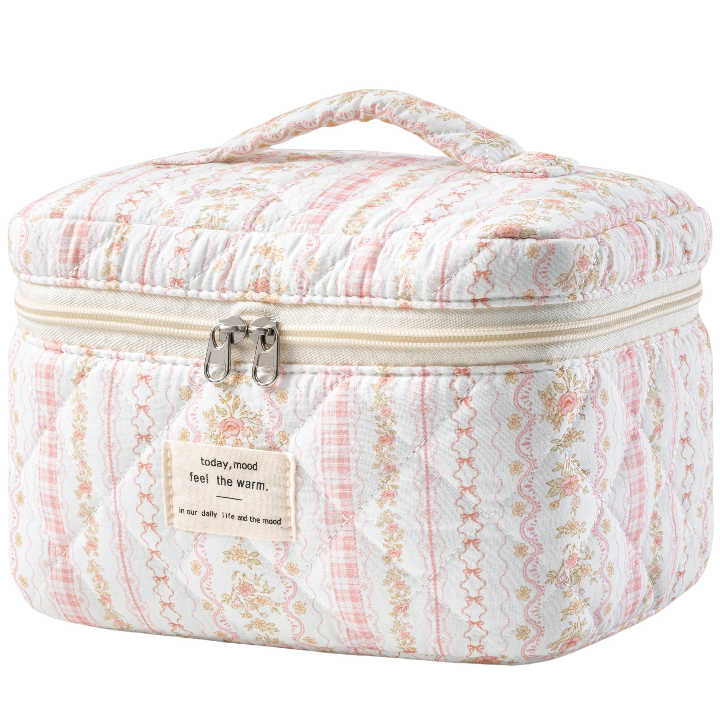 HBselect Quilted Makeup Bag Cotton Floral Travel Makeup Bags Organizer