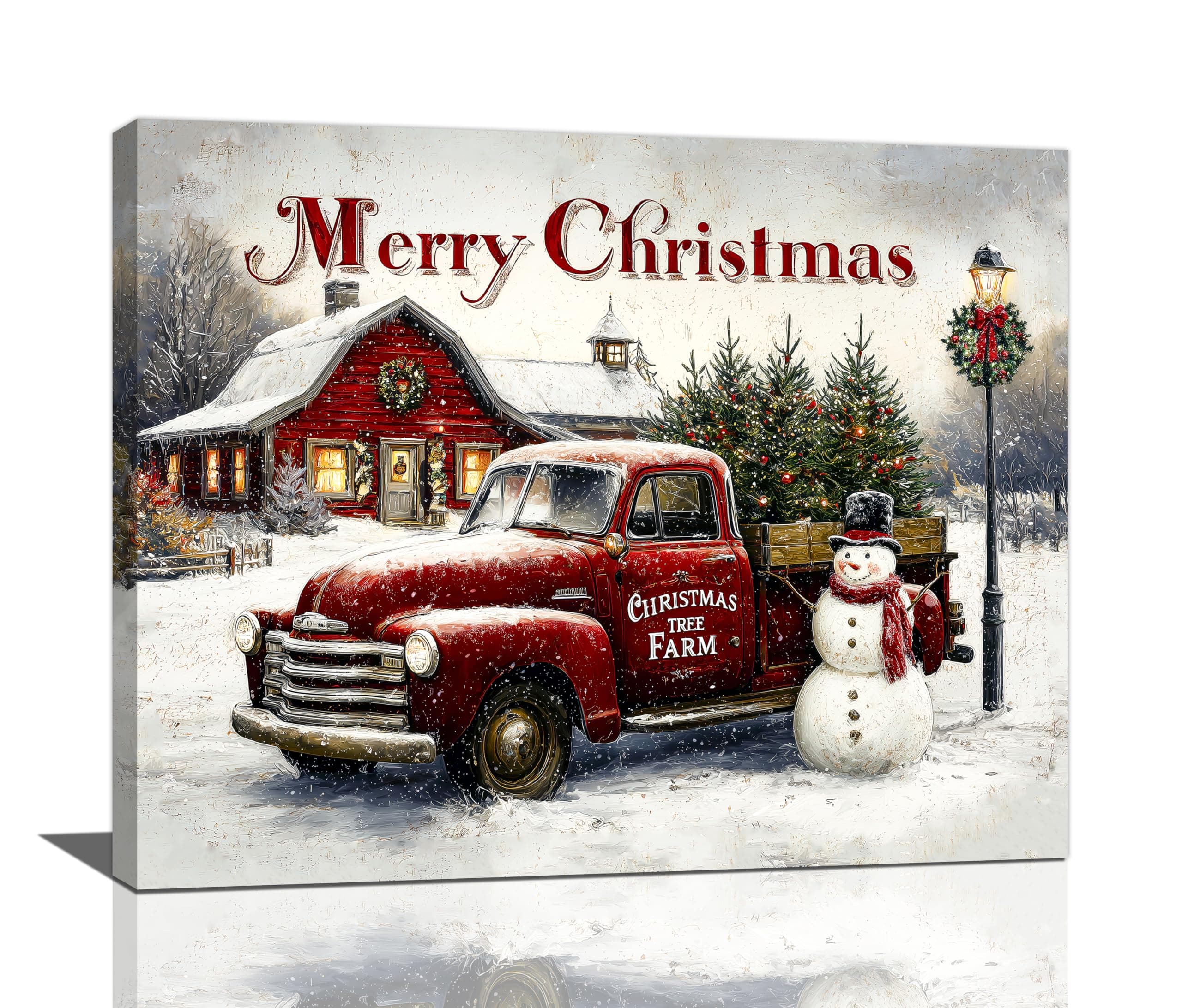Christmas Pick-Up Truck Wall Art Christmas Tree Canvas Wall Decor Farm Barn Pictures Paintings Prints Snowman Artwork Framed Winter Holidays Decorations For Bathroom Bedroom Living Room Office Gifts 20" x 16"