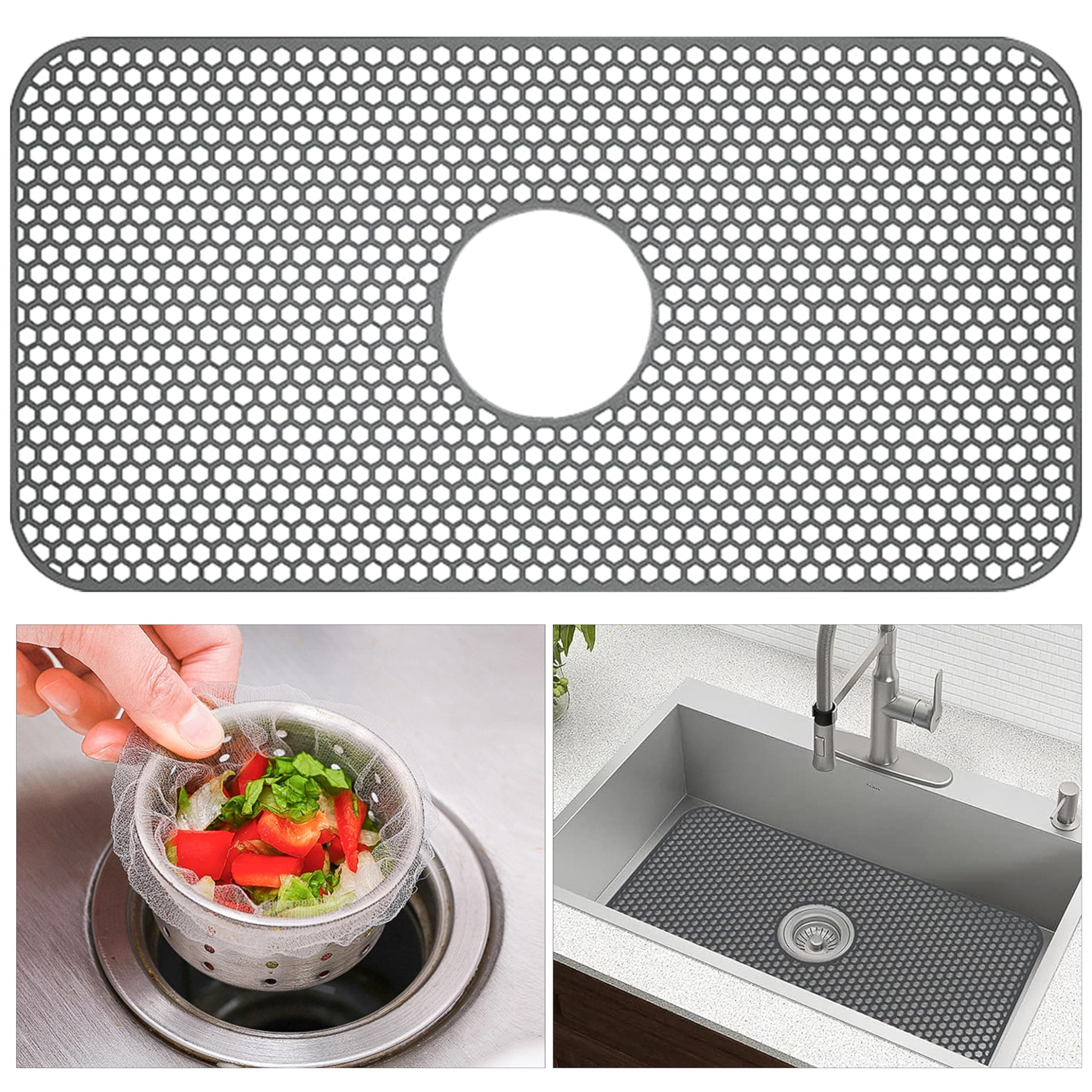 ARefugen Silicone Sink Protector with 30Pcs Disposable Sink Net Strainer for Kitchen Sink - 24.4"x 12.6" Kitchen Sink Mats Accessory, Anti-Clogging Elastic Mesh Sink Strainer Bag (Center Hole)