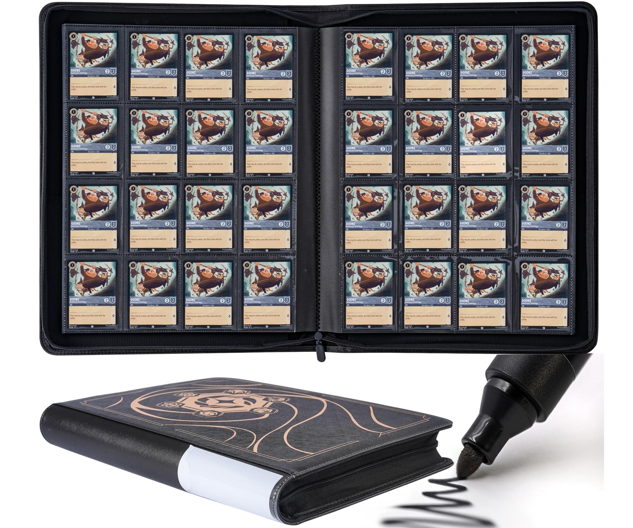 Binder for Lorcana Cards, Premium 16 Pocket Trading Card Album with Sleeves Compatible with 1024 Lorcana Cards, Tokens and Rules Sheet - Classic Black