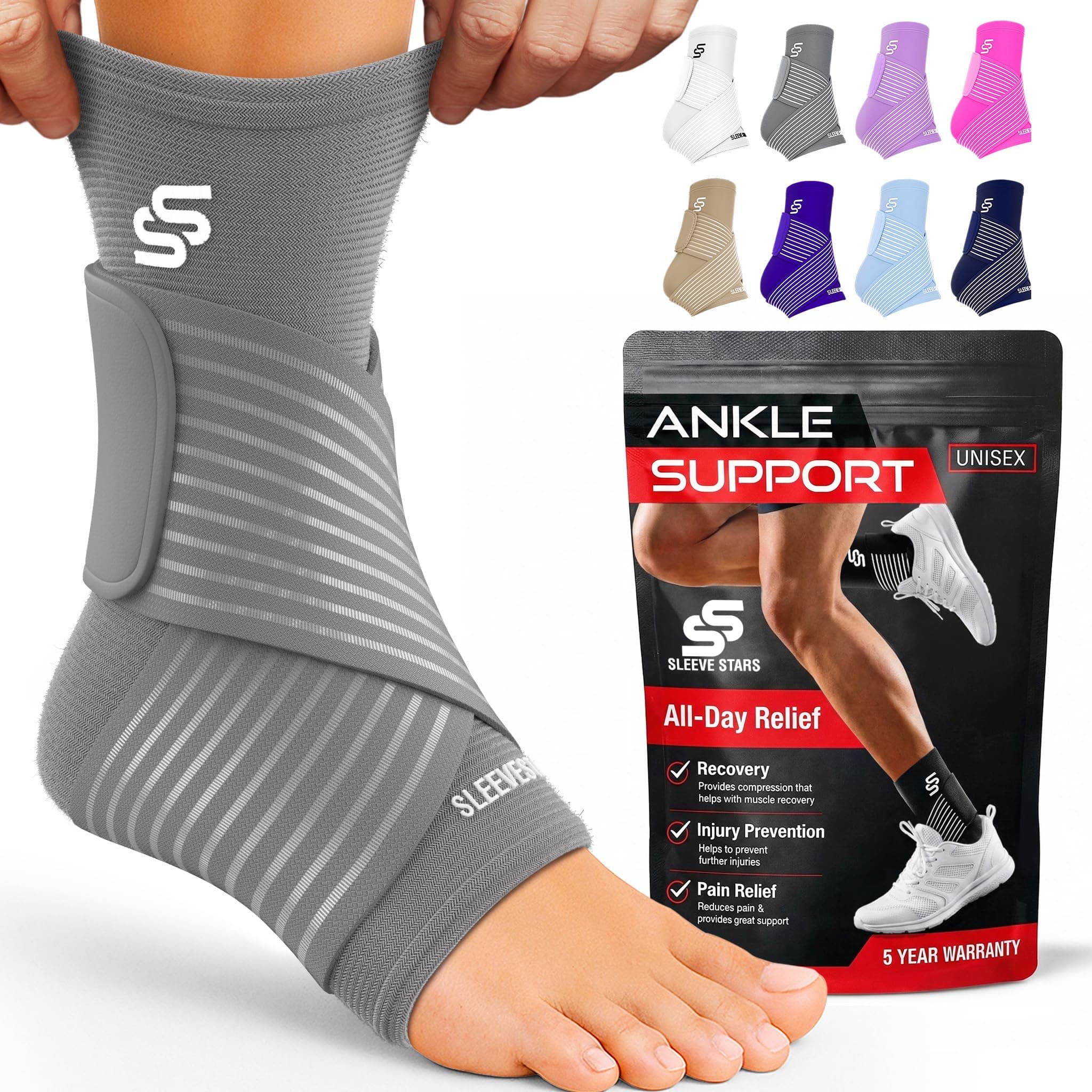 Sleeve Stars Ankle Brace for Women & Men, Ankle Wrap for Sprained Ankle, Compression Sleeve for Plantar Fasciitis Relief, Easy Customizable Support: w/Removable Strap (Single/S:9"-10"/Grey)