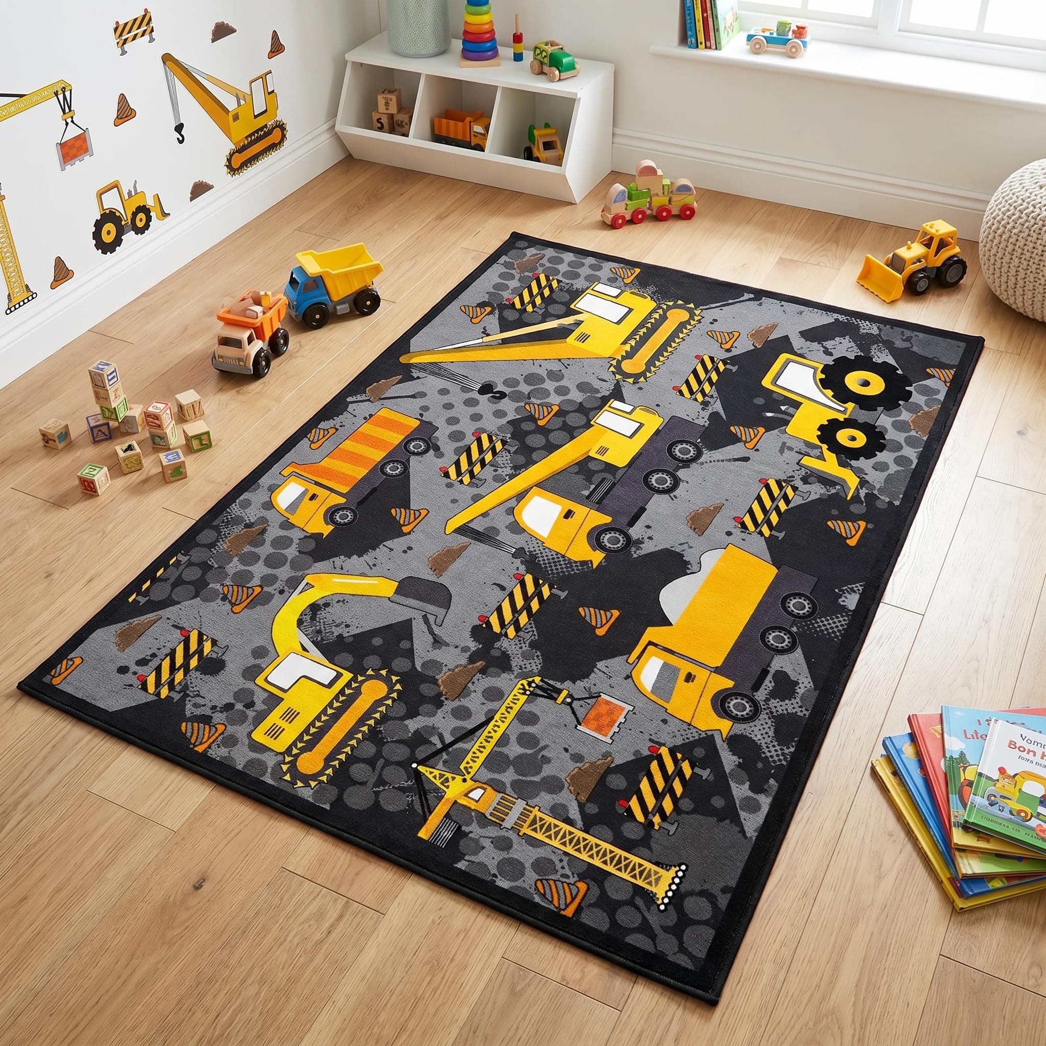 CAFCIOYG Construction Rugs for Boys Room Play Mat for Cars and Trucks PlayMat Kids Rugs for Playroom Car Carpet for Kids Room Construction Decor for Boys Room,Grey 2'5''×4'