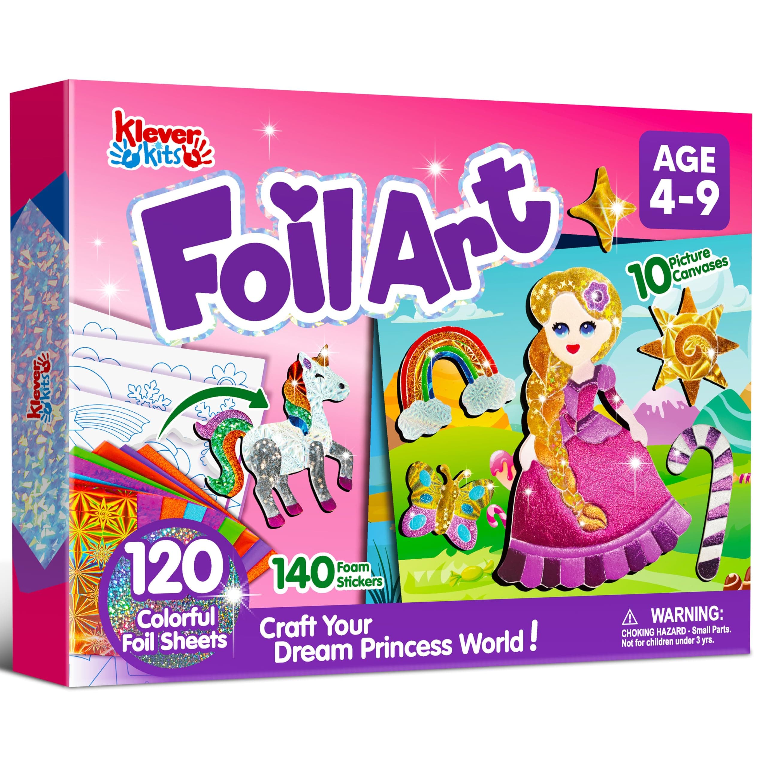 Klever Kits Princess Foil Art Kit for Kids - Arts & Crafts Supplies, Mess Free Coloring, Foil Foam Stickers, Creative Travel Toys, Birthday Gifts for Boys & Girls Ages 4 and Up