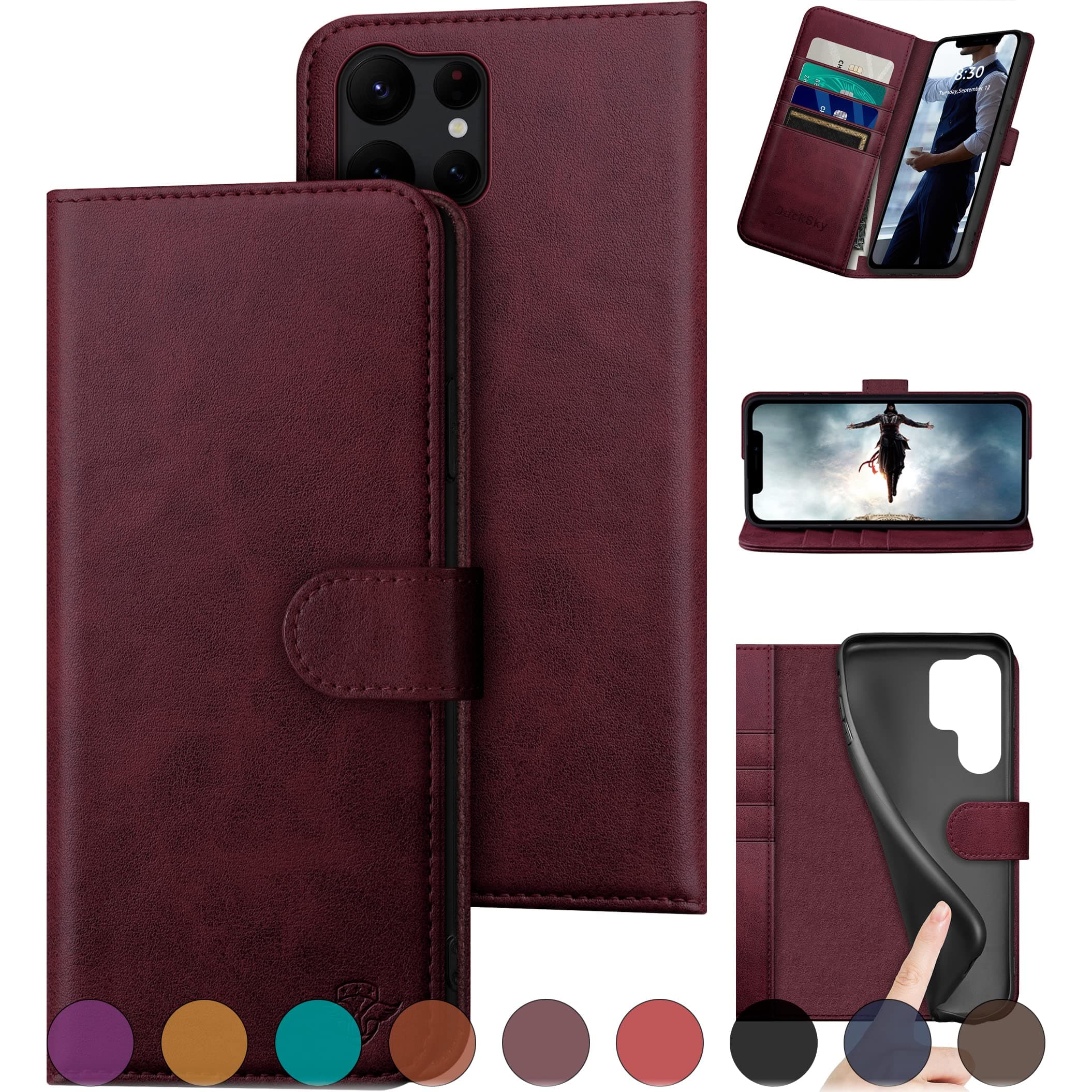 DuckSky for Samsung Galaxy S23 Ultra Genuine Leather Wallet case 【RFID Blocking】【4 Credit Card Holder】【Real Leather】 Flip Folio Book Phone case Protective Cover Women Men for S23Ultra case Wine Red