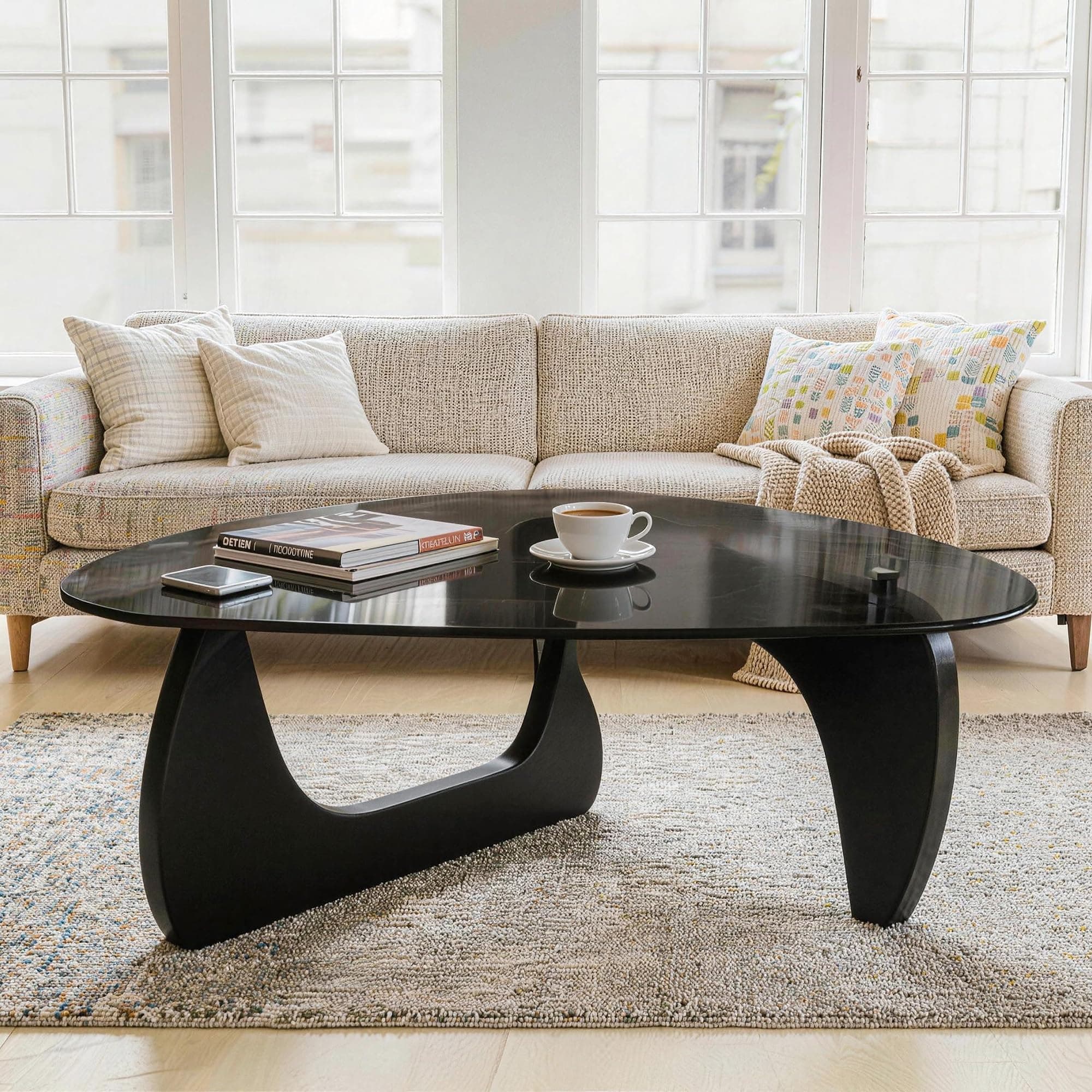 FANCROU Modern Triangle Glass Coffee Table, with Tempered Glass and Unique Wooden Base, Mid-Century Small Accent Table for Living Rooms, Offices and Apartments, Blak & Grey, 80CM