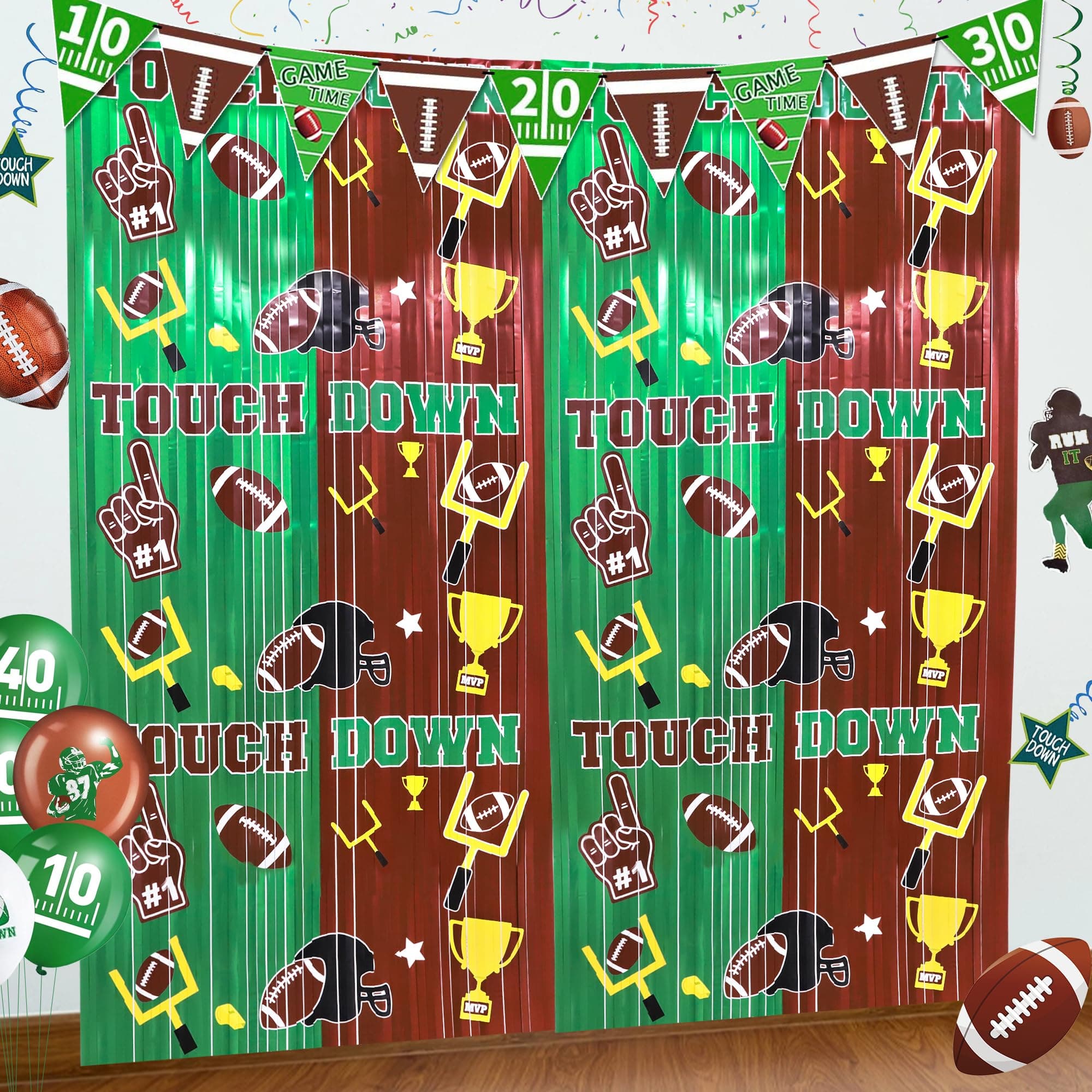 Foil Fringe Curtains Super Bowl Football Party Decorations, 2 Pack 3.3x6.6ft Green Brown Tinsel Backdrop for Super Bowl Sunday Night Football Game Photo Booth Backdrops Football Birthday Party Decor