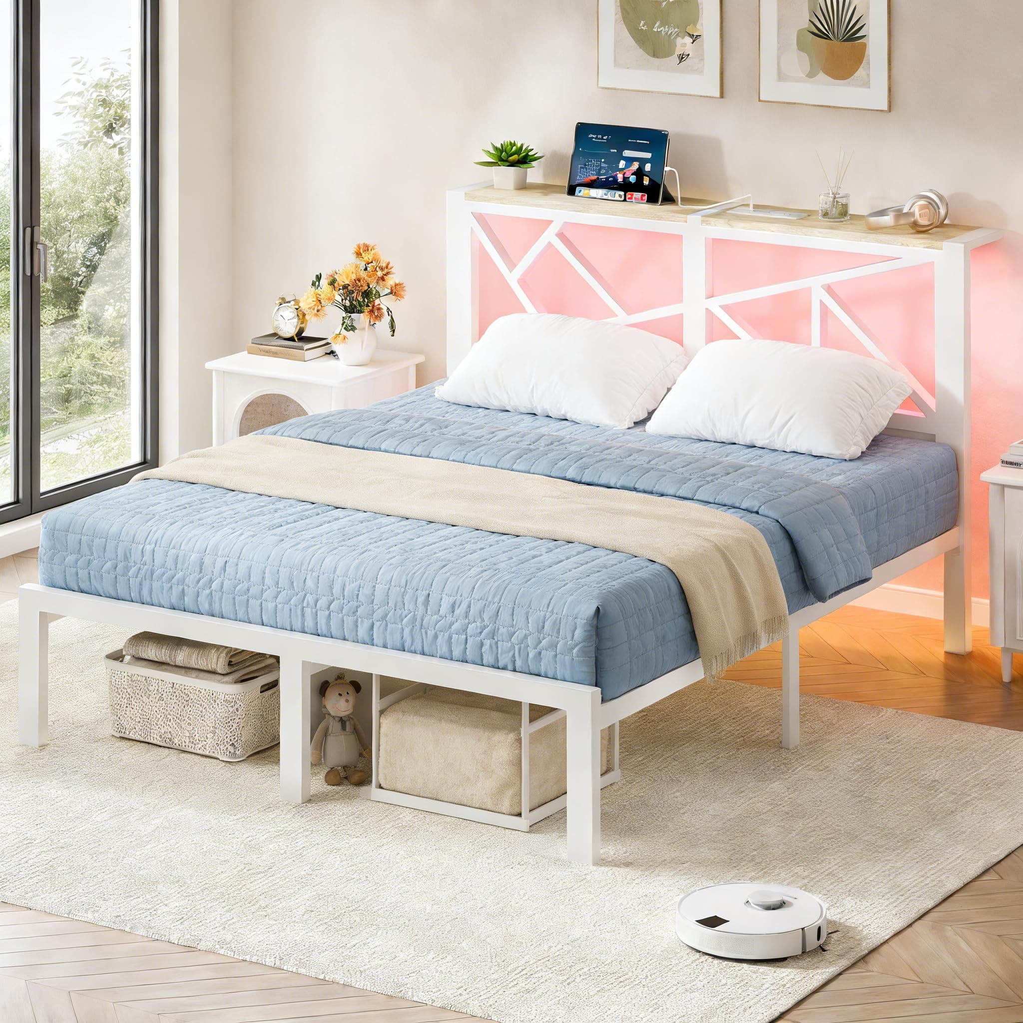 D&H FURNIMMT Full Bed Frame with Storage Headboard, Charging Station with USB, Type-C & AC Outlets, RGB LED Lights, Metal Platform Bed, 10.4" Underbed Storage, No Box Spring Needed, Noise Free, White
