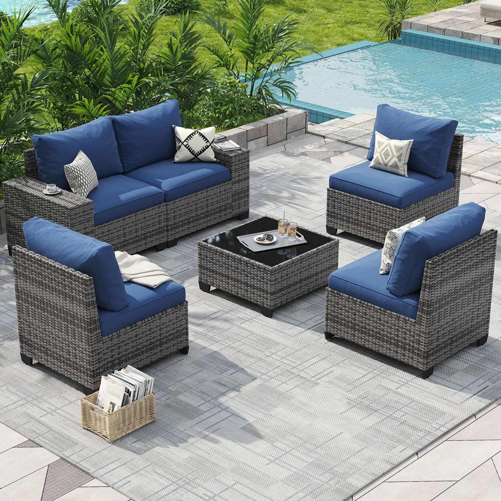 Aoxun Patio Furniture Set, 6 Pcs Outdoor Patio Furniture Sets with 4in Thicken Cushion, Widen Armrests Wicker Outdoor Sectional for Backyard,Navy-Grey