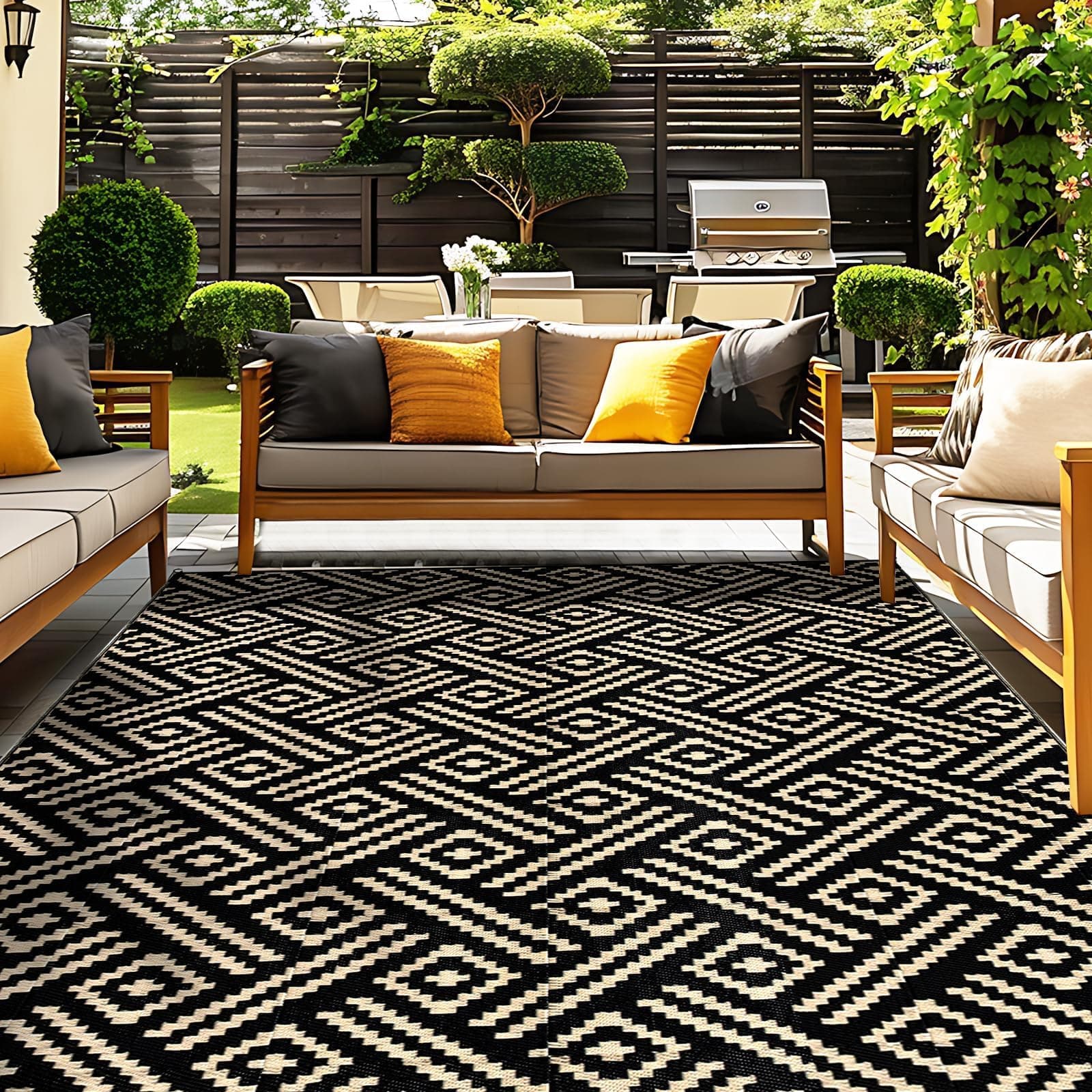 OPPODREAM Outdoor Rug 9x12 Patio Waterproof, Large Outdoor Plastic Straw Rug, Reversible Out Door Carpet for Camping, Deck, Rv, 9 x 12 Area Carpet Balcony, Porch, Backyard, Black and Beige