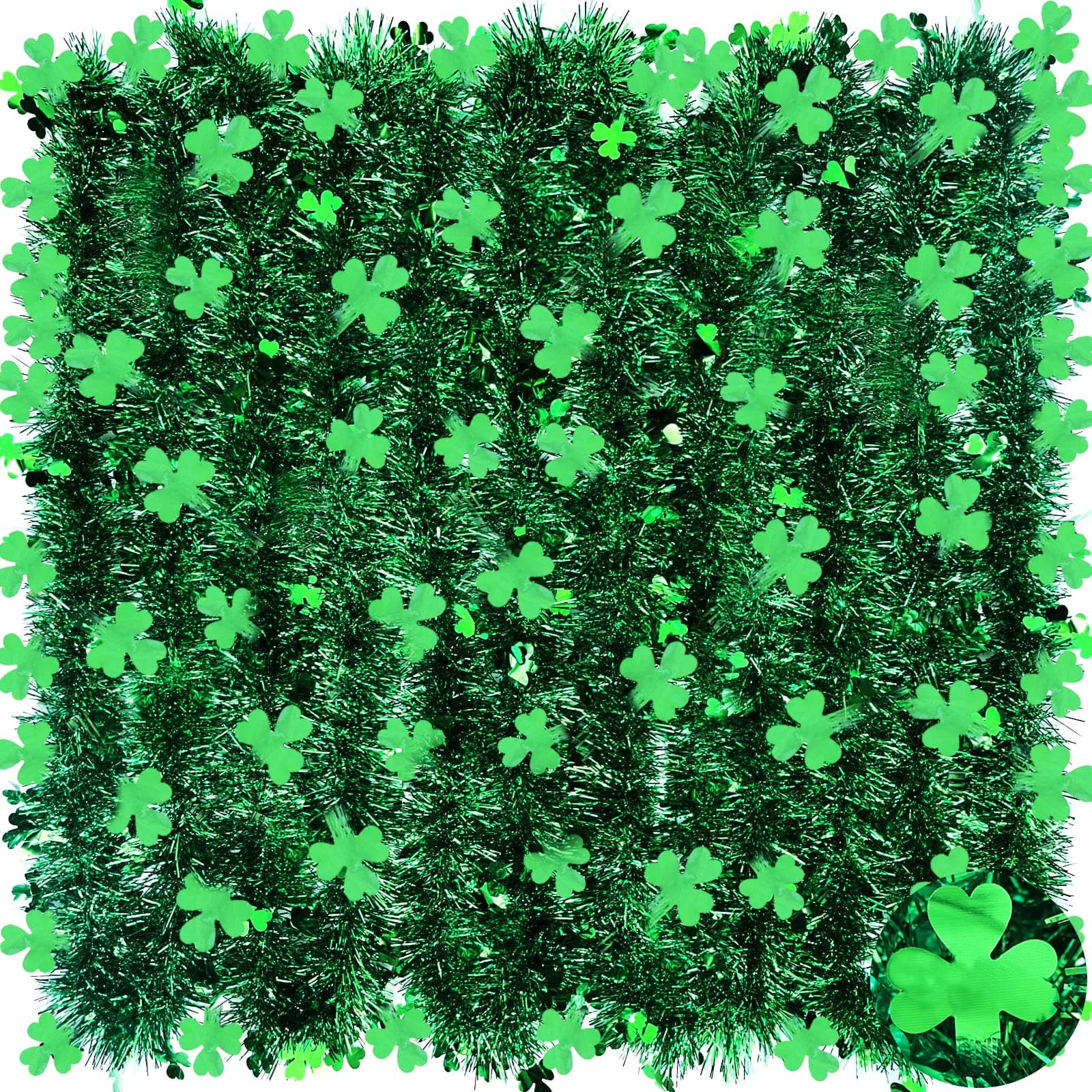 TURNMEON 3 Pack Total 49.2 Ft St.Patrick's Day Shamrocks Tinsel Garlands Decor Green Clover Metallic Streamers St.Patrick's Day Decorations Indoor Outdoor Home Irish Party Supplies,Each 16.4Ft by 4.3"