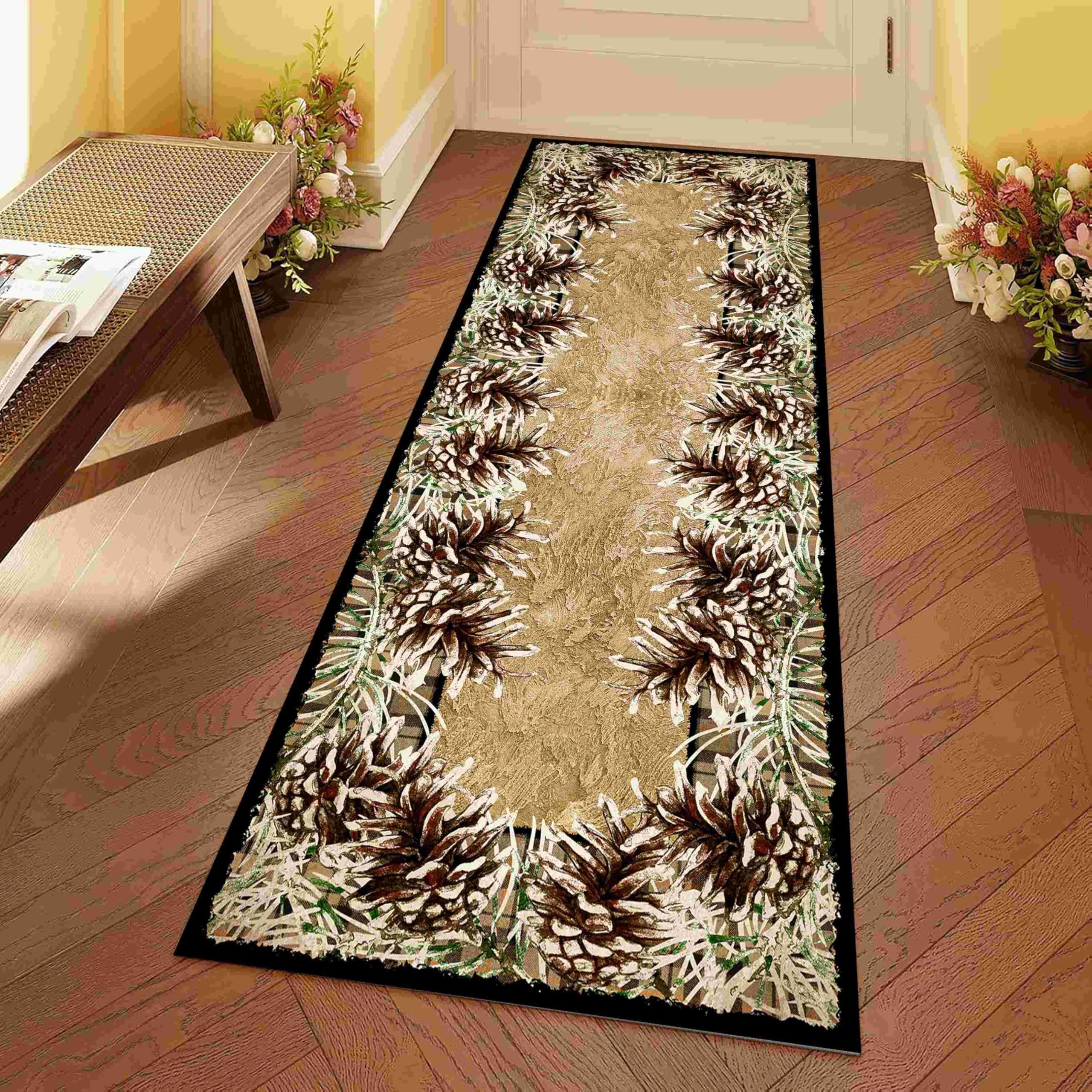 Lodge Cabin Rug for Hallway, 3.3x7ft, Southwestern Farmhouse Decorative Branches Pine Needles Pine Cone Border Runner Rug, Washable Entryway Rug, Non-Slip Non-Shedding Kitchen Office Decor