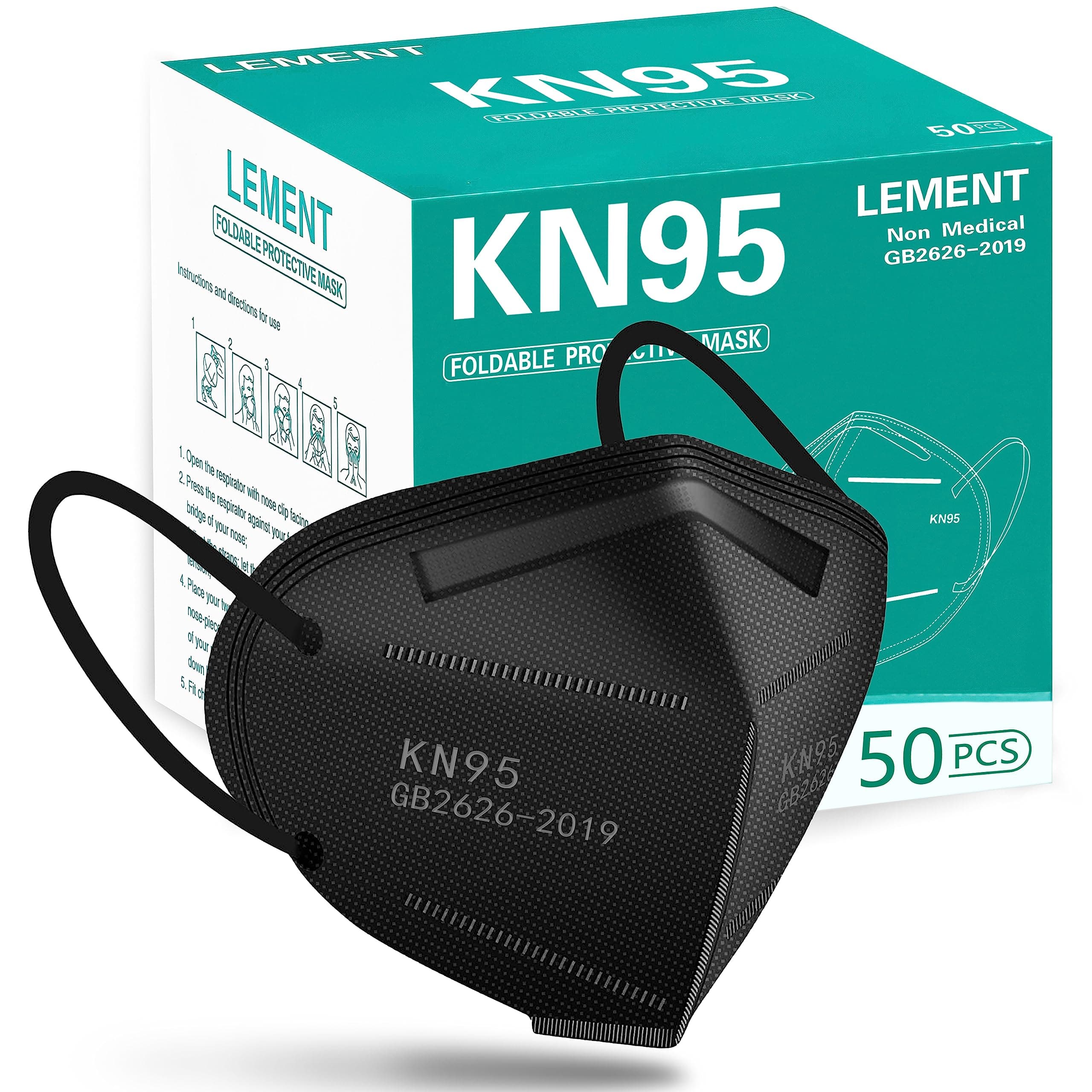 LEMENT 50pcs KN95 Face Mask Black 5-Layer Filter≥95% Cup Dust Safety Masks