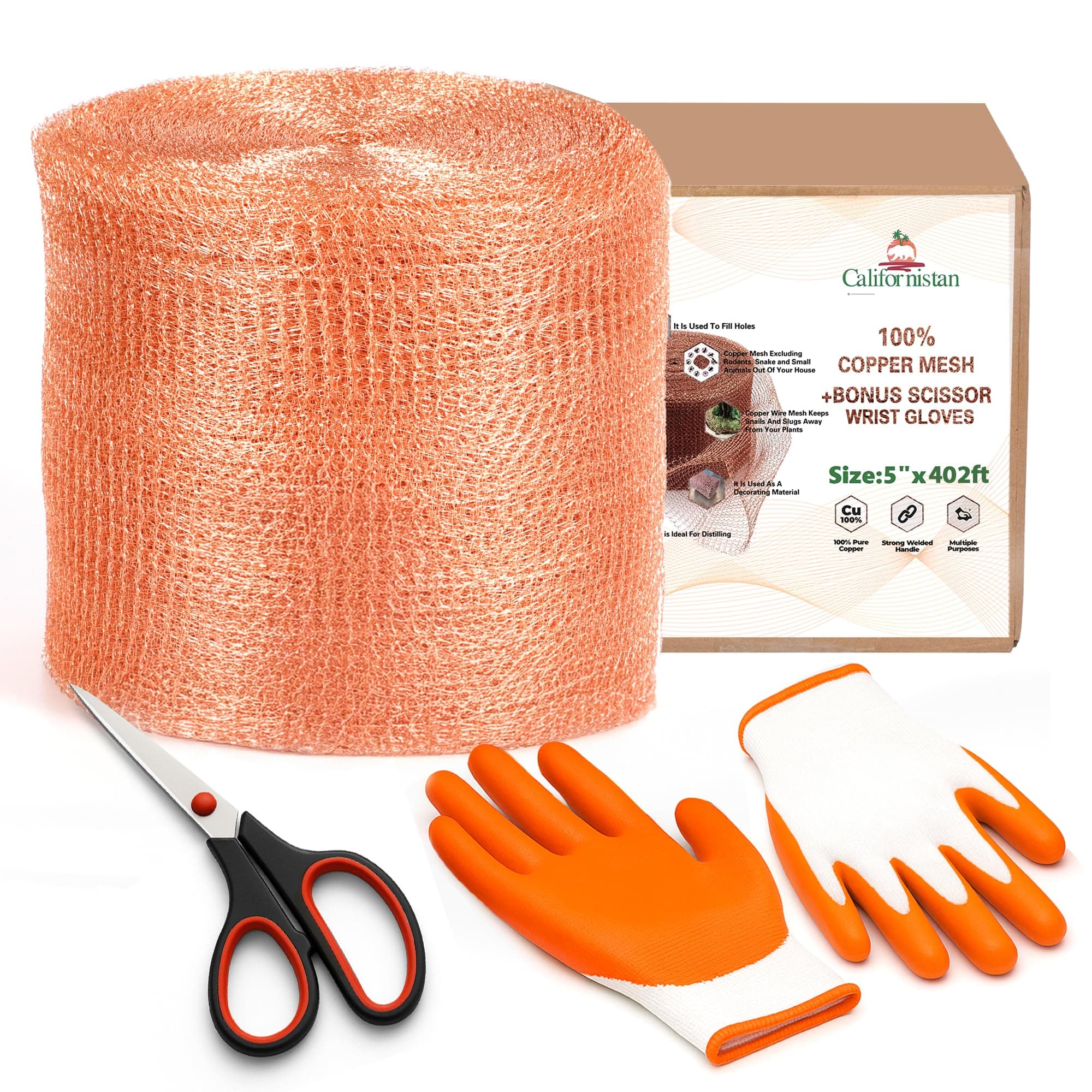 Copper Mesh Roll for Rodent Control, 5 in x 402 ft, Scissors and Gloves