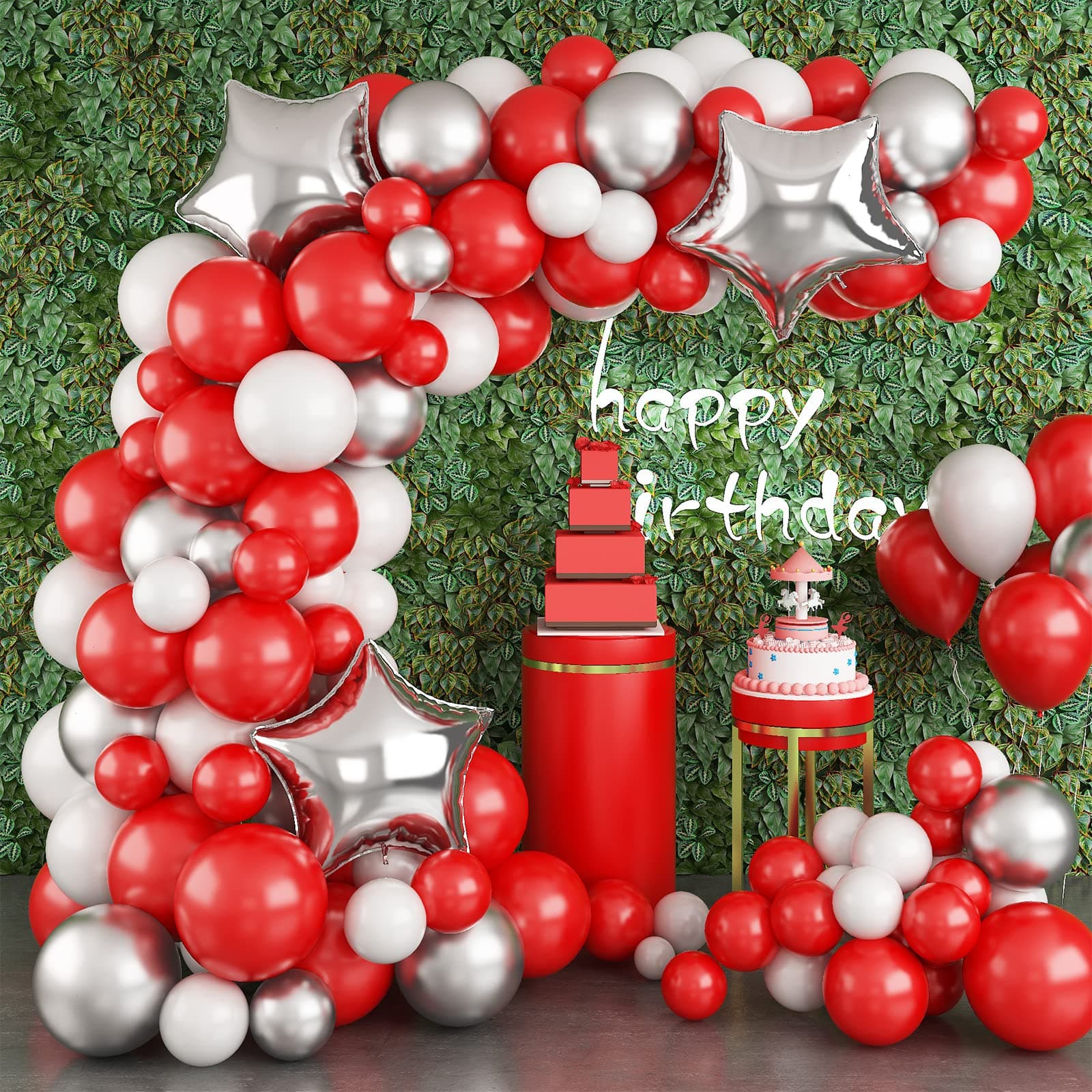 Balloons Garland Kit Red White Silver, 99pcs Red White Balloon Arch Kit with Metallic Silver Stars Foil Balloon, Red Birthday Decorations for Valentine's Day, Baby Shower, Wedding, Christmas Party