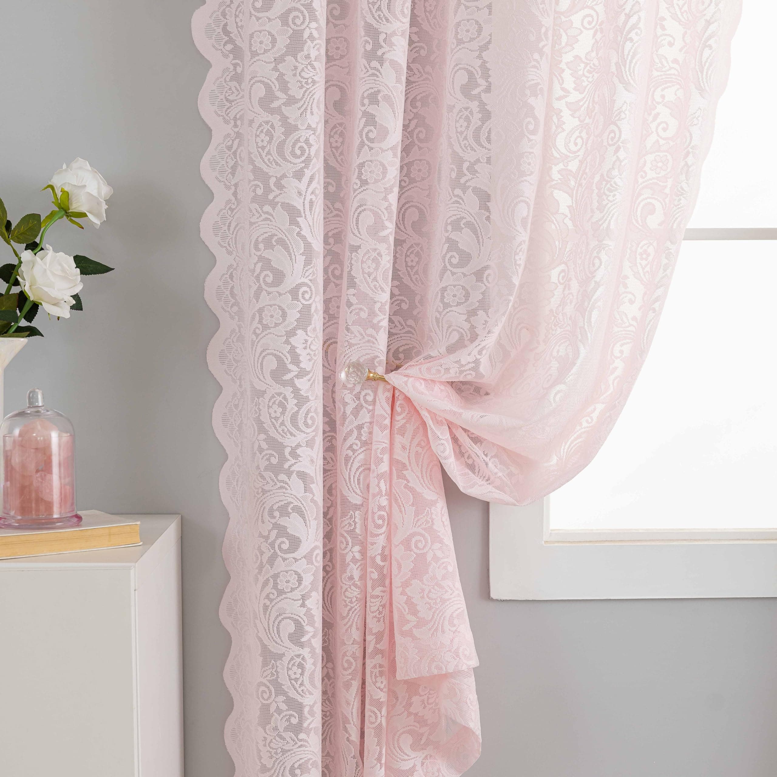 ALIGOGO Pink Cafe Curtains 45 Inch Length for Kitchen Bathroom Small Window, Boho Floral Lace Short Sheer Curtains for Girls Bedroom Kids Room Closet Bunk Bed Dorm Set of 2 Panels Pink