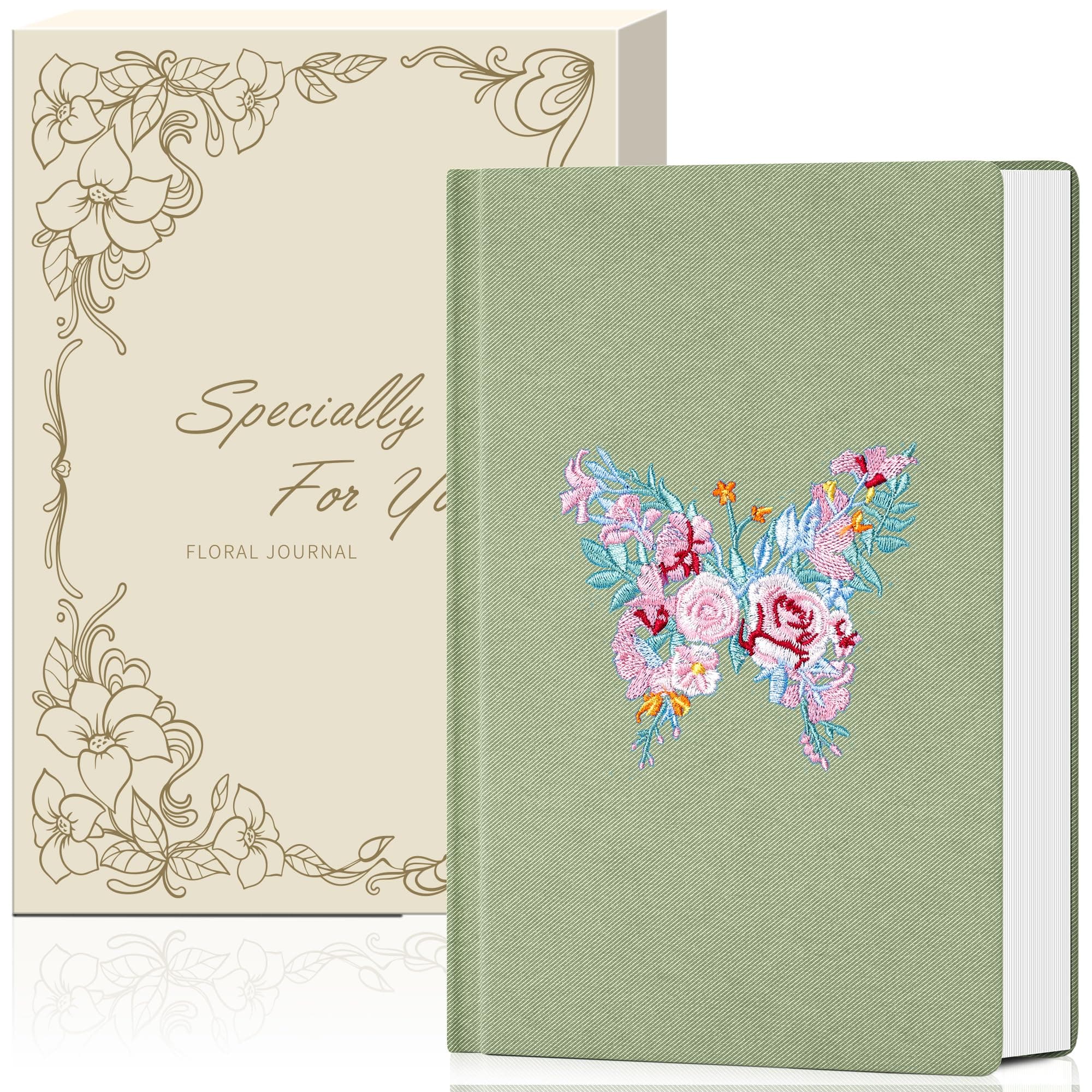 MINICAGIE Embroidered Fabric Journal for Women A5 Hardcover College Ruled Notebook with Gift Box Butterfly Floral Journaling Notebooks for Writing, 5.7 x 8.3 In, Green