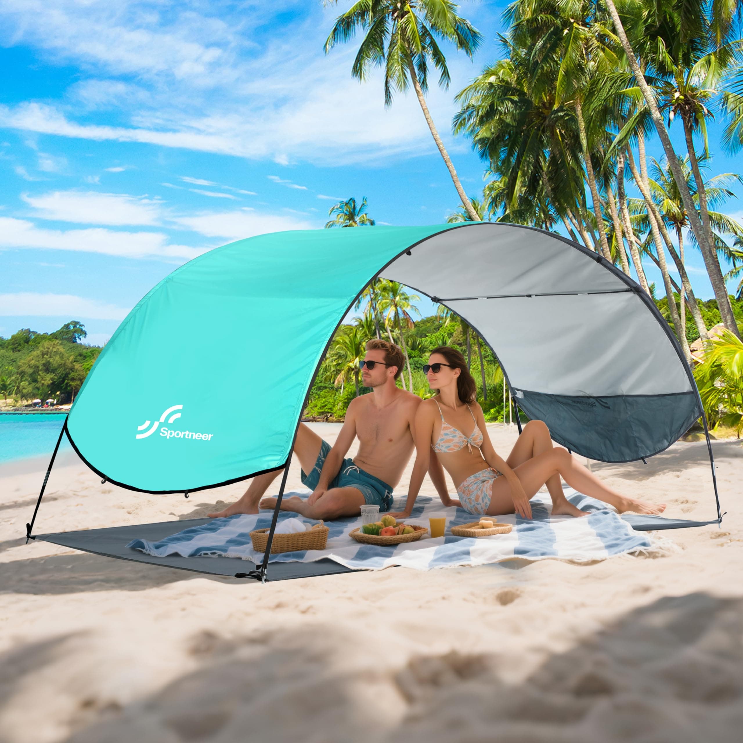 Sportneer Beach Tent Sun Shelter: UPF 50+ UV Protection Beach Canopy Tent Sun Shade for 2-3 Person, Easy Set Up Canopy with 8 Wind Ropes and 12 Ground Stakes for Beach, Size 96.5''x55.7''