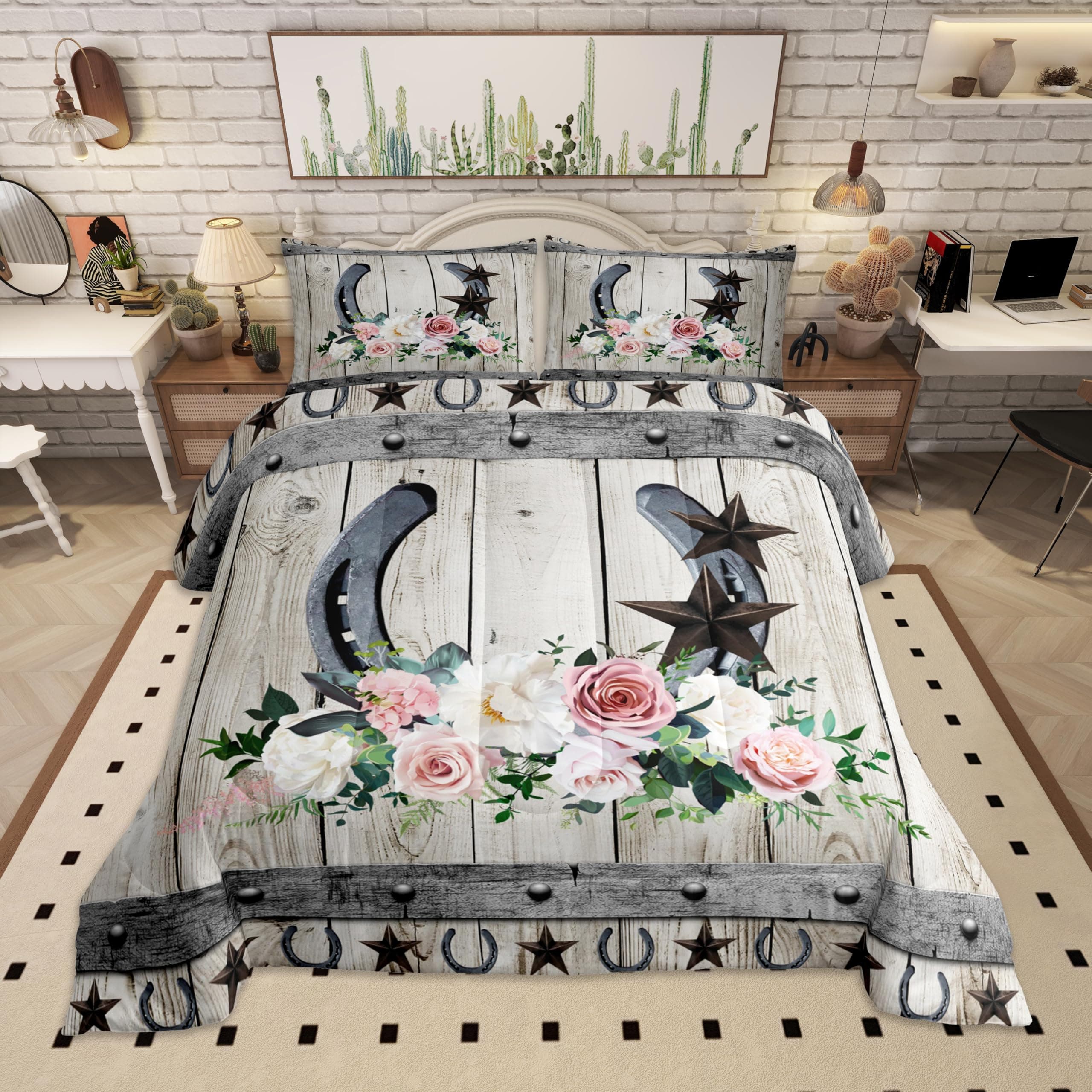 Rose Horseshoe Comforter Set Full Size Western Cowboy Adventure Bedding Set for Kids Boys Women Girls Room Decor,Rustic Farmhouse Quilted Duvet White Vintage Wooden Barn Duvet Insert 3pcs