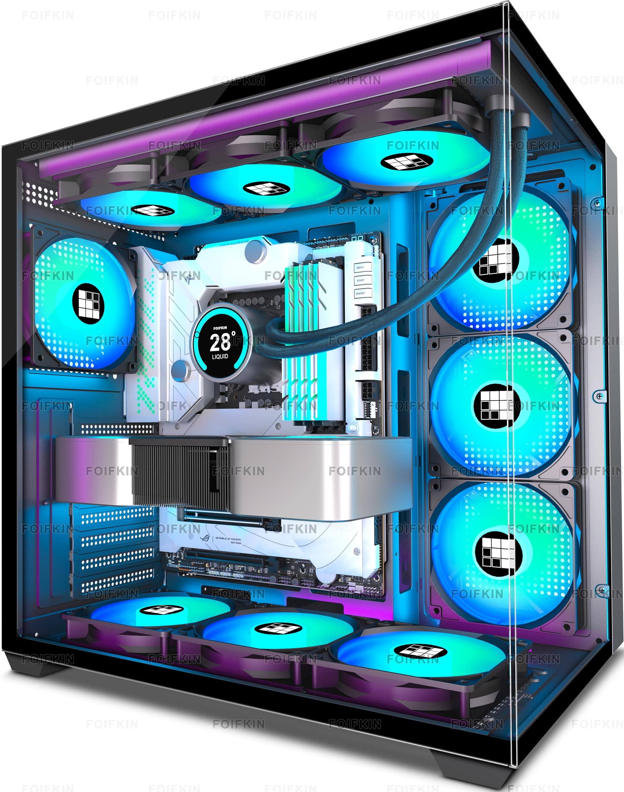 FOIFKIN F600 PC Case - Pre-Installed 7 PWM ARGB Fan, ATX Mid-Tower Gaming PC Case, 270° Panoramic Glass with Type-C, FOIFKIN (Black, F600) (Black, F600)